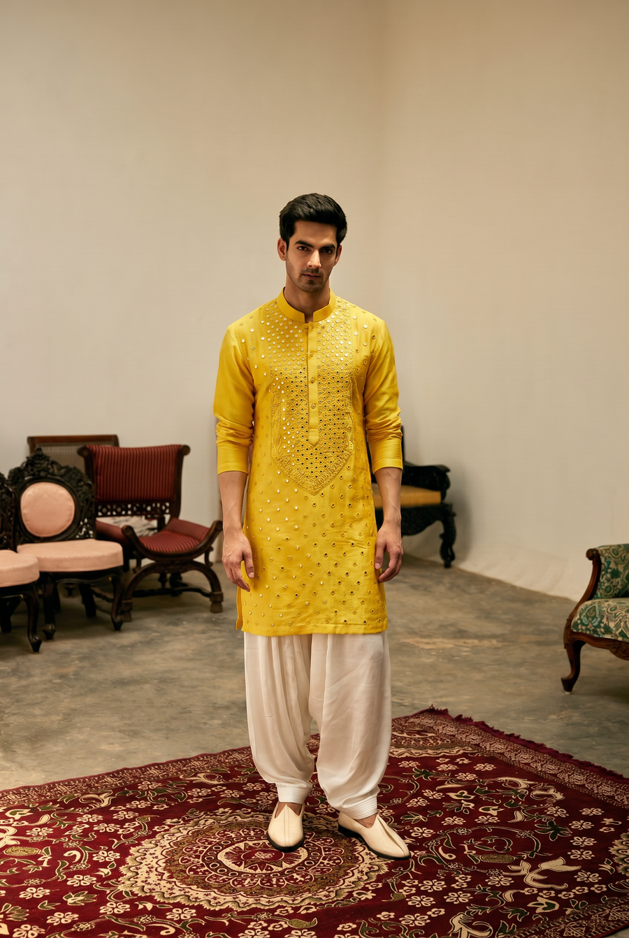 Ansari Mirror Embroidered Kurta set - Haldi Yellow