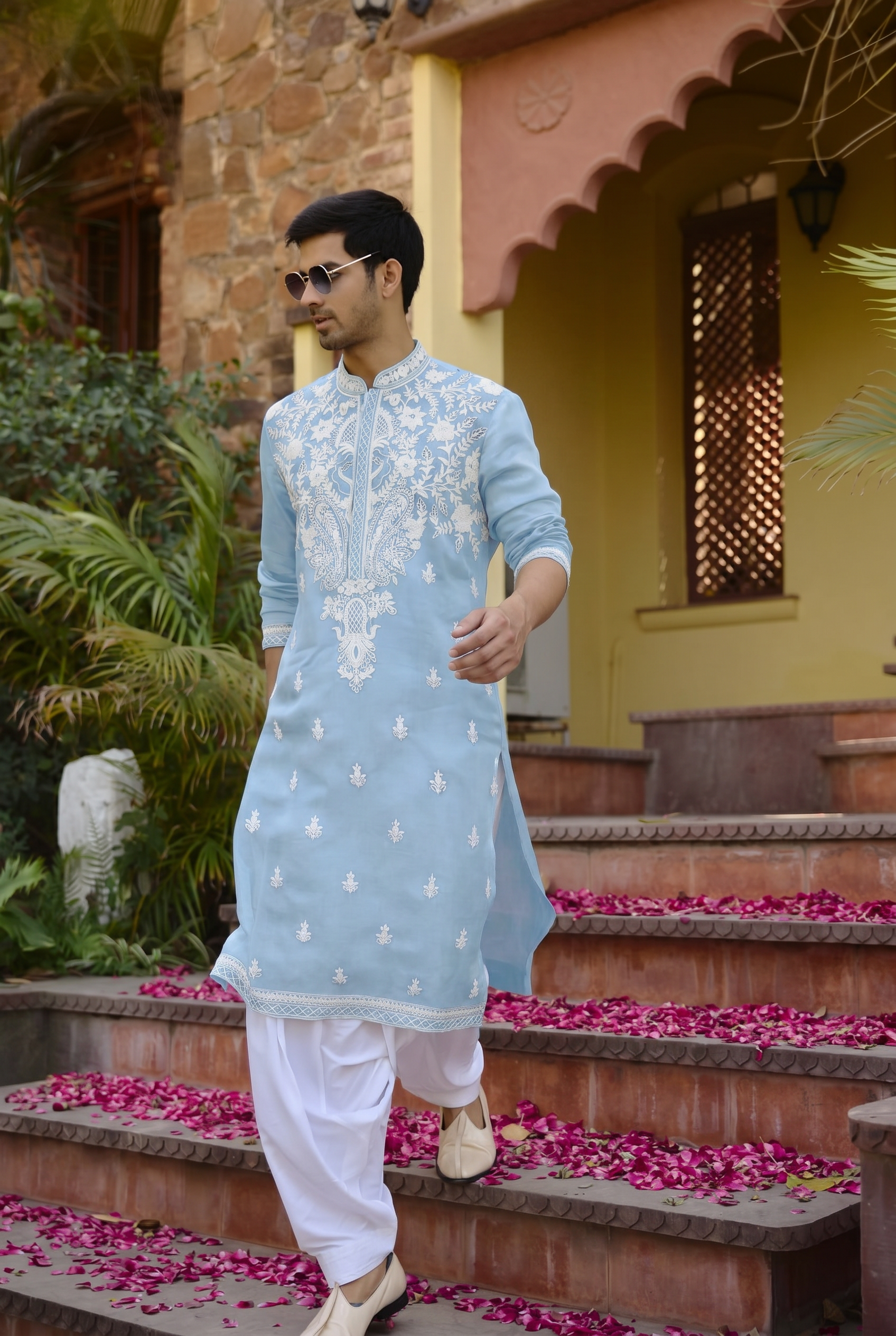 Pastel powder blue mens kurta with white pathani salwar - luxury Indian ethnic menswear for weddings and festive occasions