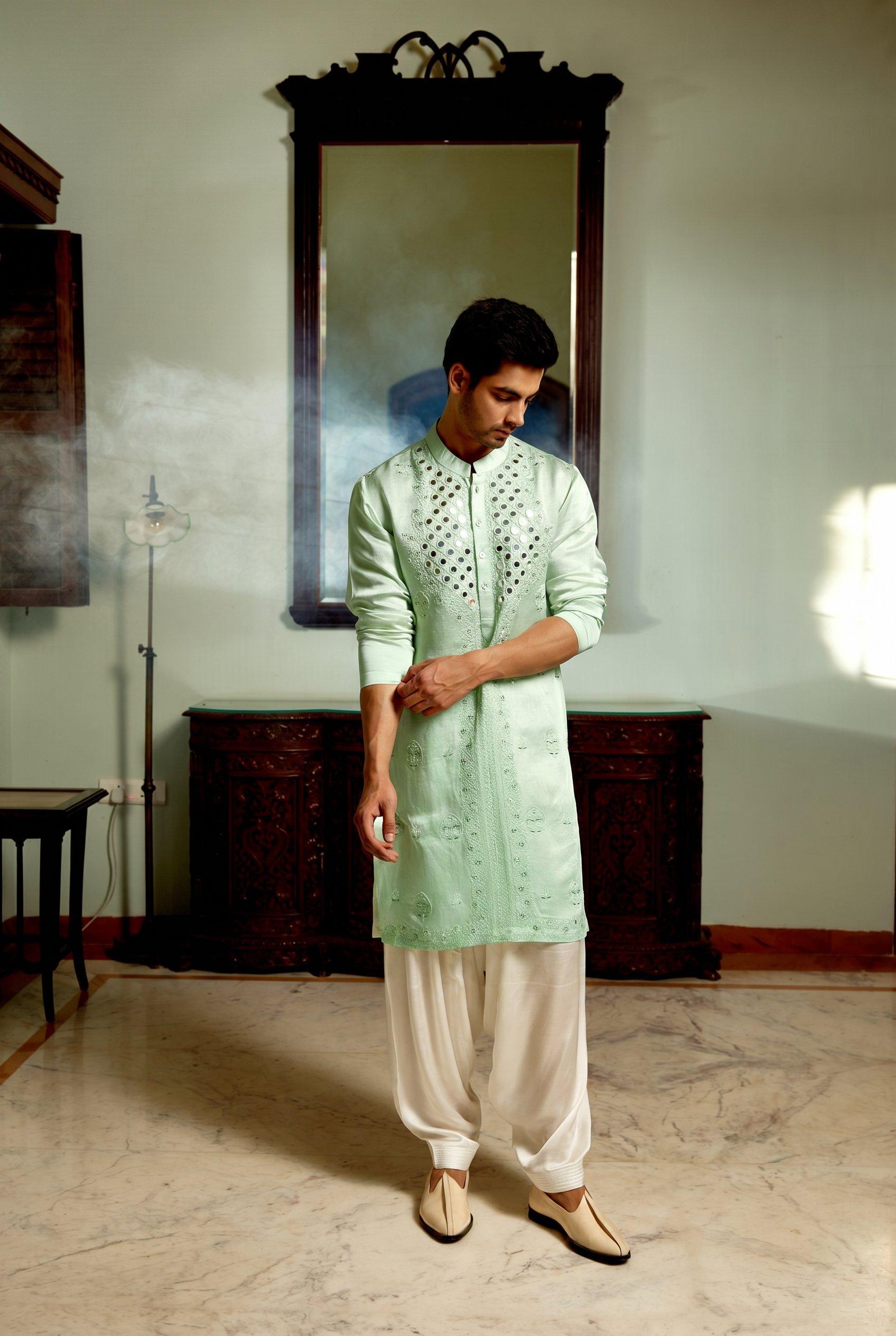Mint green kurta for men with mirror work embroidery - Daniyal Kurta in Bamberg linen silk by Ankit V Kapoor