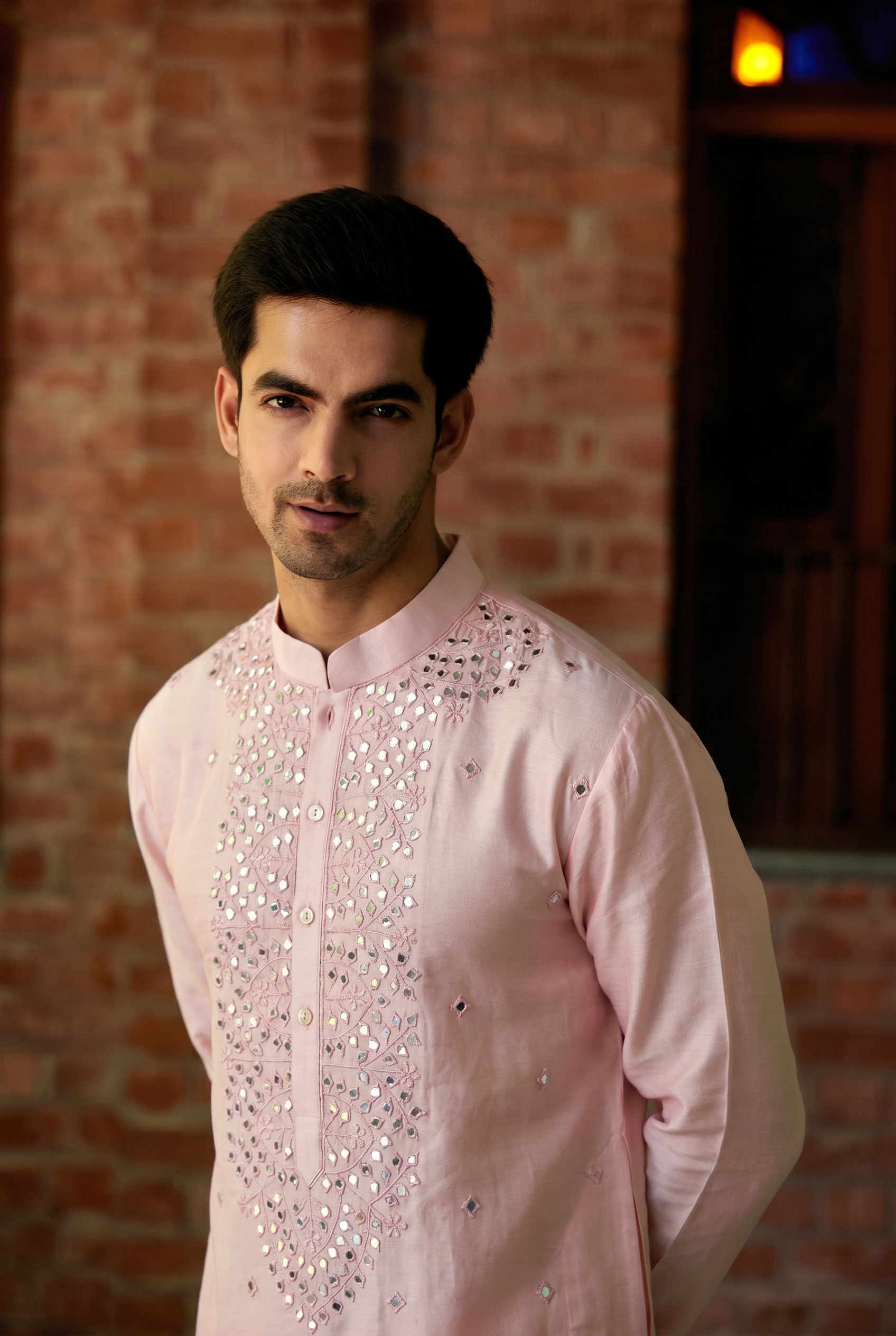 Mansoor powder pink kurta detail view - tonal thread and mirror work on cuffs by AVK atelier New Delhi
