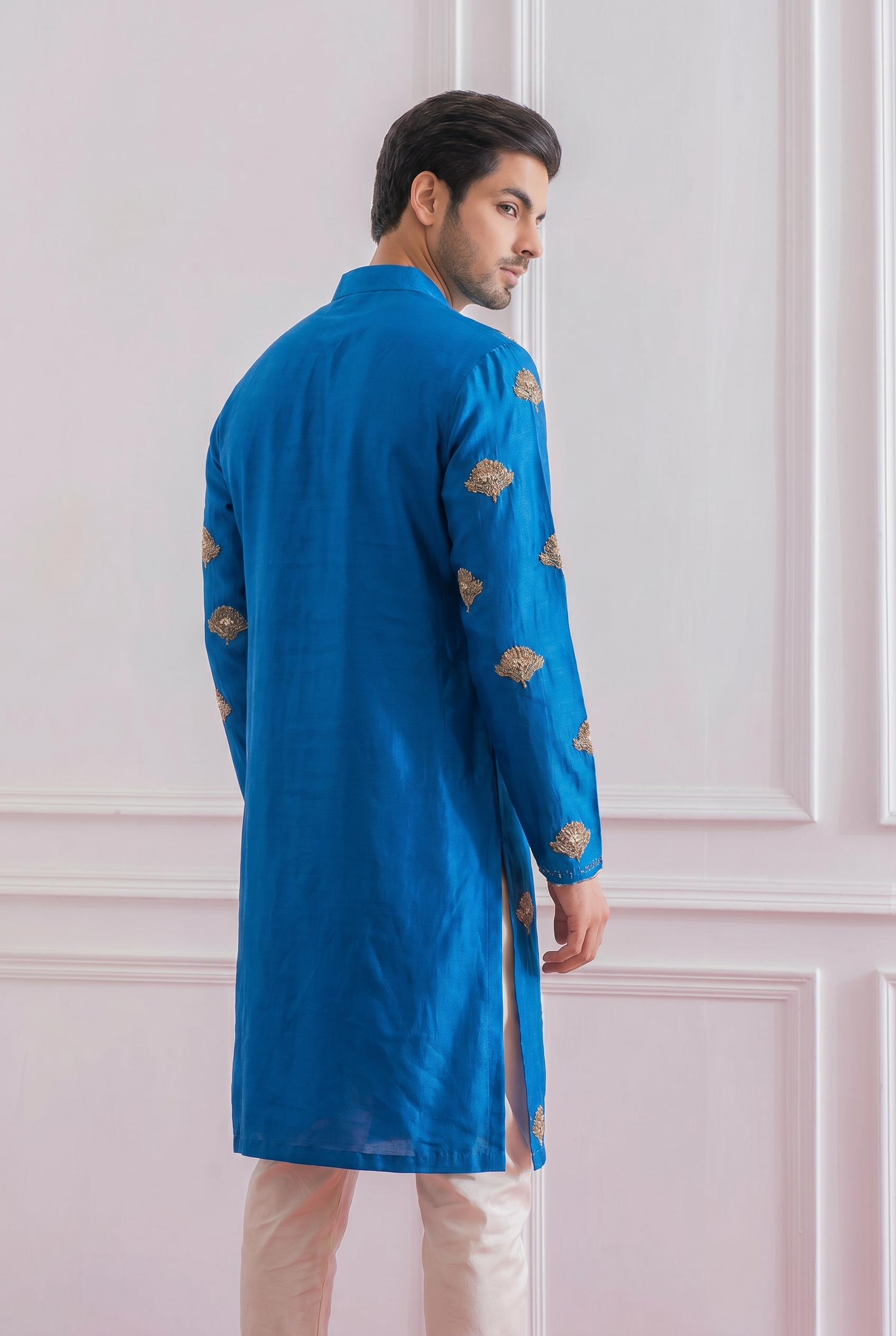 Wazirabad azure blue kurta set detail view - fine hand embroidery by AVK atelier New Delhi