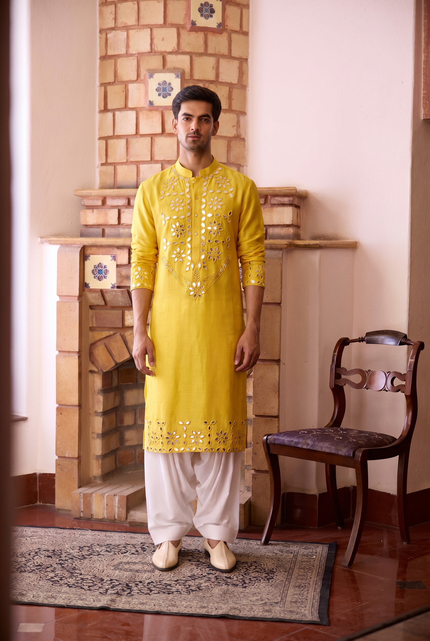 Haldi yellow kurta for men with large mirror work embroidery - Juna Mahal Kurta in Bamberg linen silk by Ankit V Kapoor