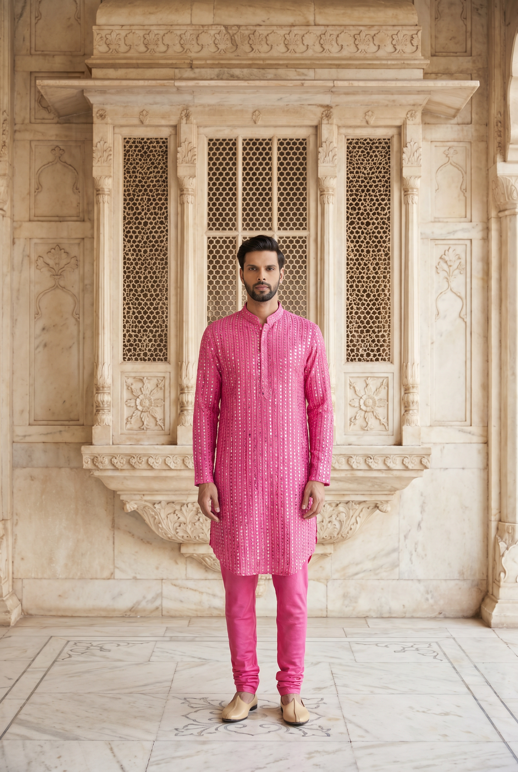 Hot Pink Mirror Work Embroidered Kurta Set for Men | Yasir (Hot Pink) by AVK