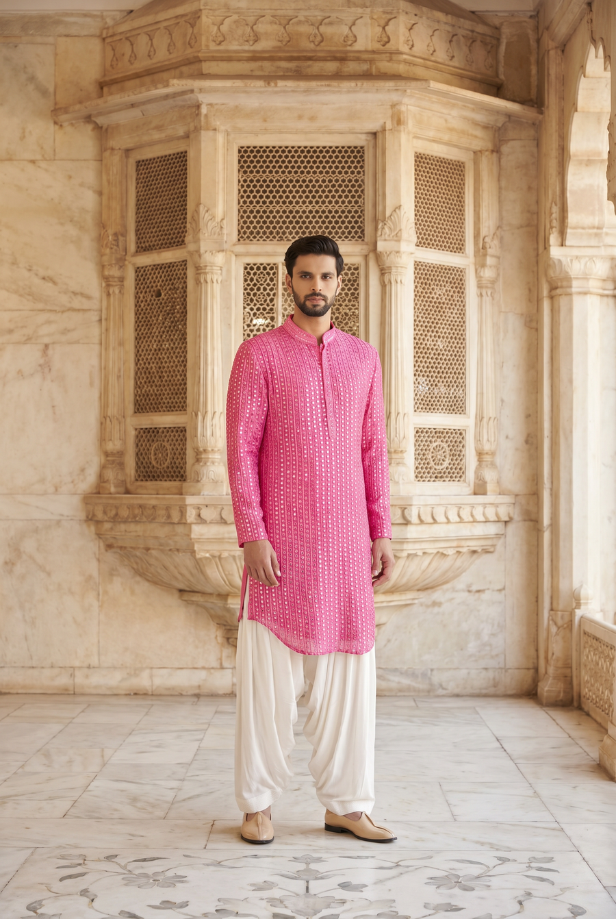 Hot Pink Mirror Work Embroidered Kurta Set for Men | Yasir (Hot Pink) by AVK