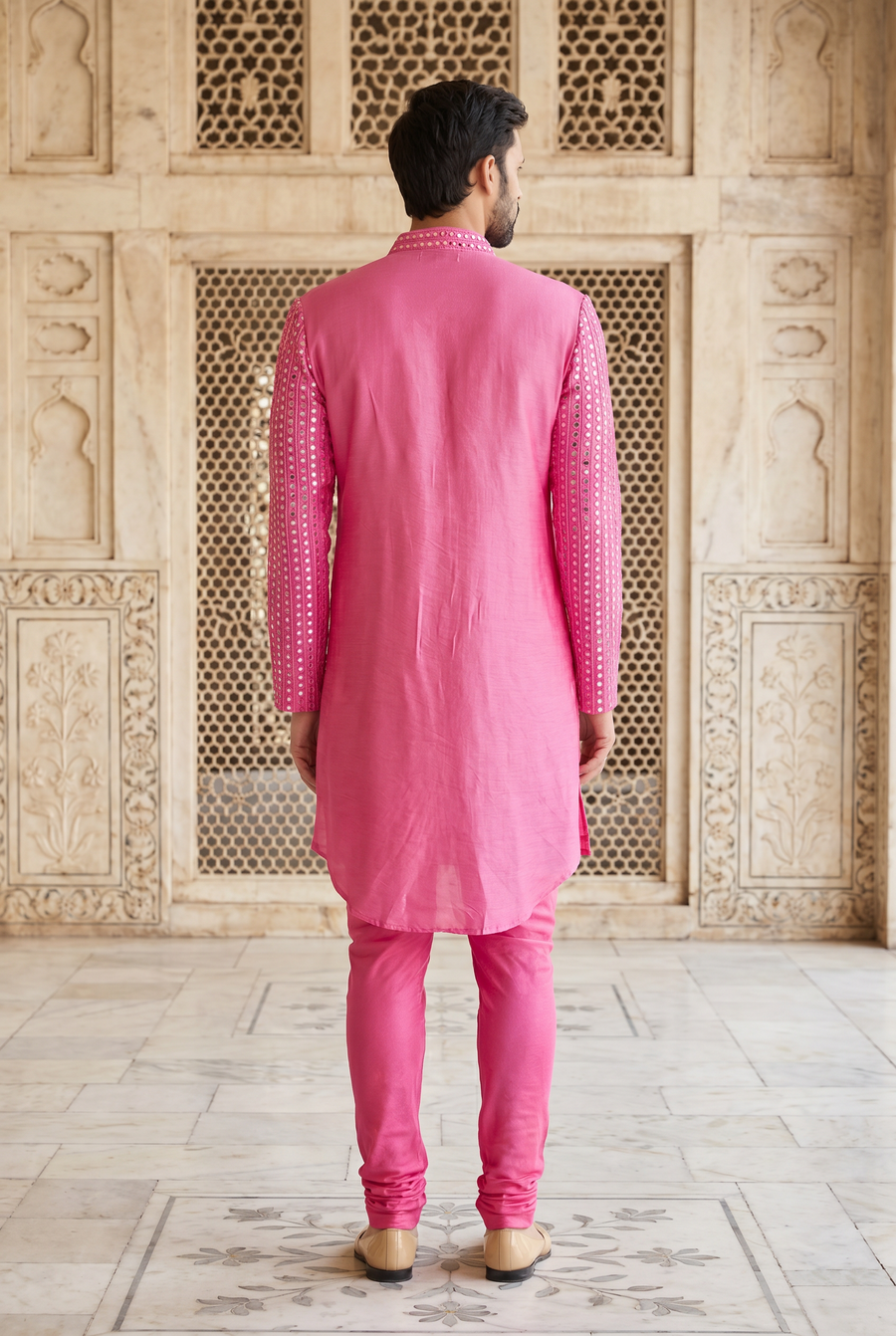 Hot Pink Mirror Work Embroidered Kurta Set for Men | Yasir (Hot Pink) by AVK