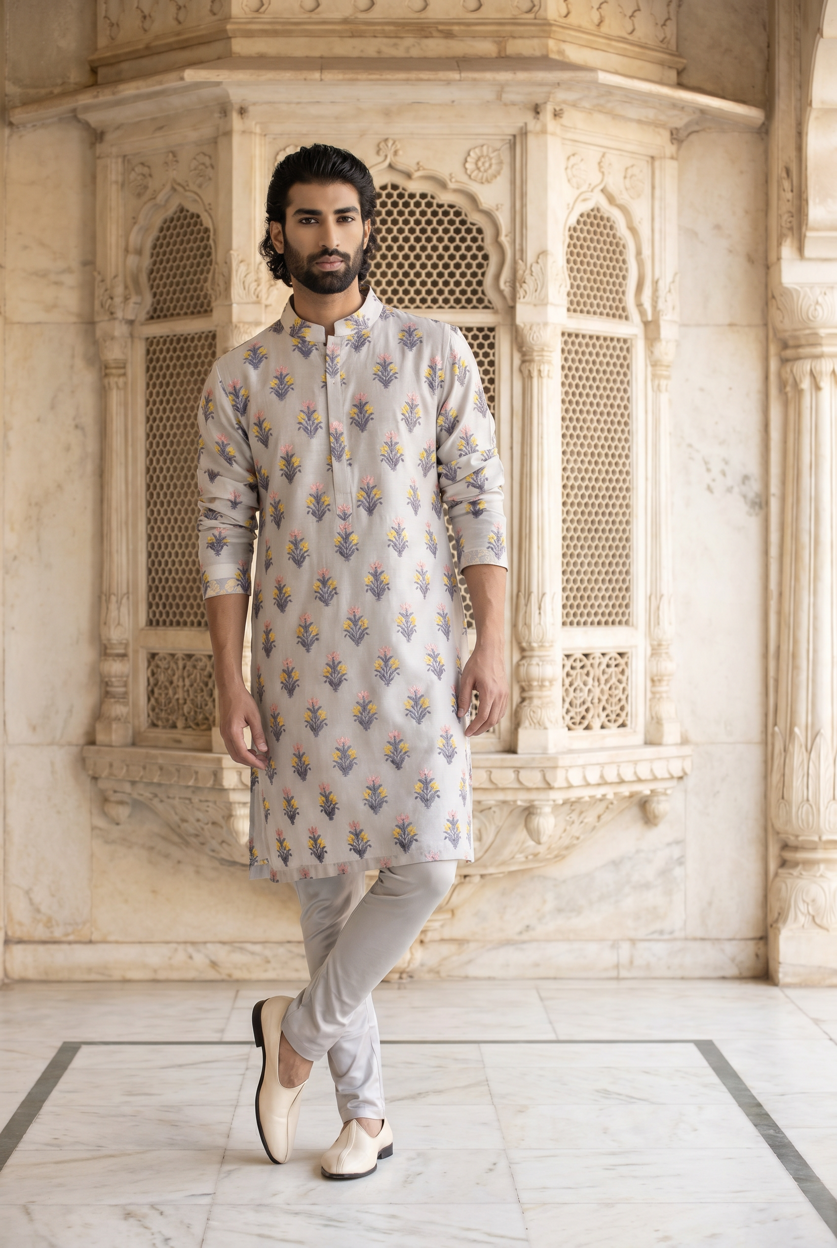 Grey Phulkari Embroidered Cotton Silk Kurta Set for Men | Ashar (Grey) by AVK