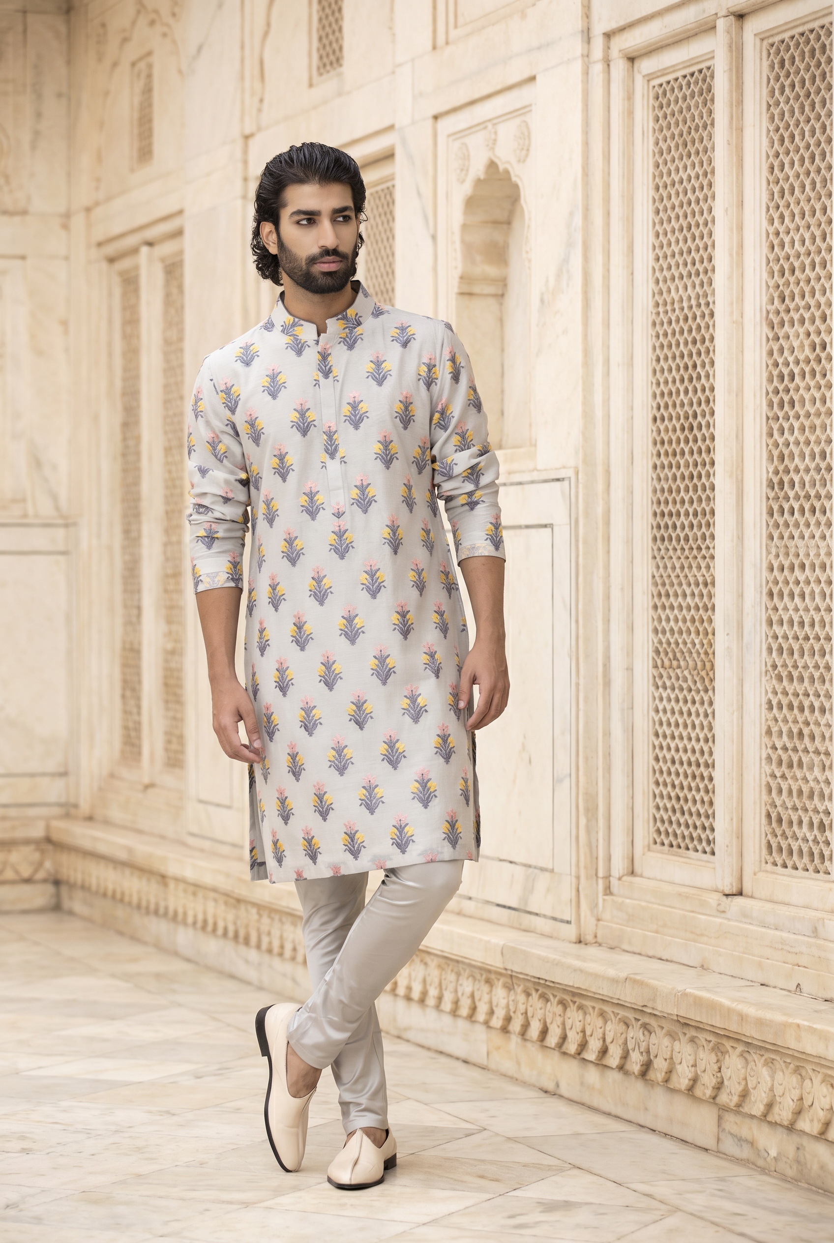 Grey Phulkari Embroidered Cotton Silk Kurta Set for Men | Ashar (Grey) by AVK