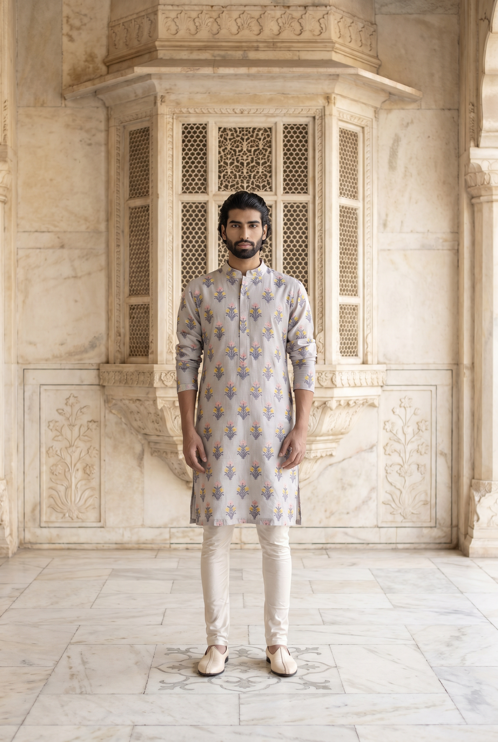 Grey Phulkari Embroidered Cotton Silk Kurta Set for Men | Ashar (Grey) by AVK