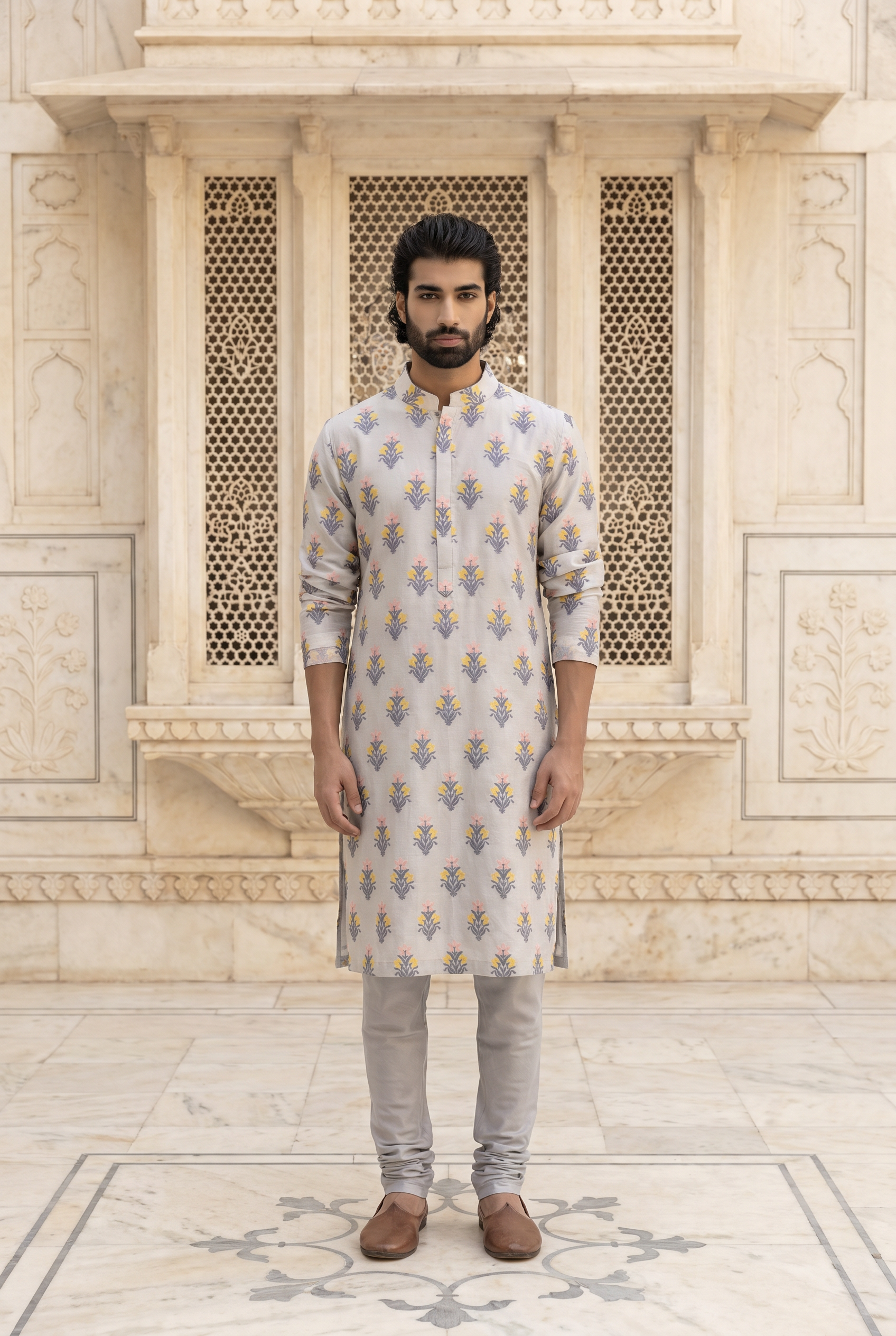 Grey Phulkari Embroidered Cotton Silk Kurta Set for Men | Ashar (Grey) by AVK