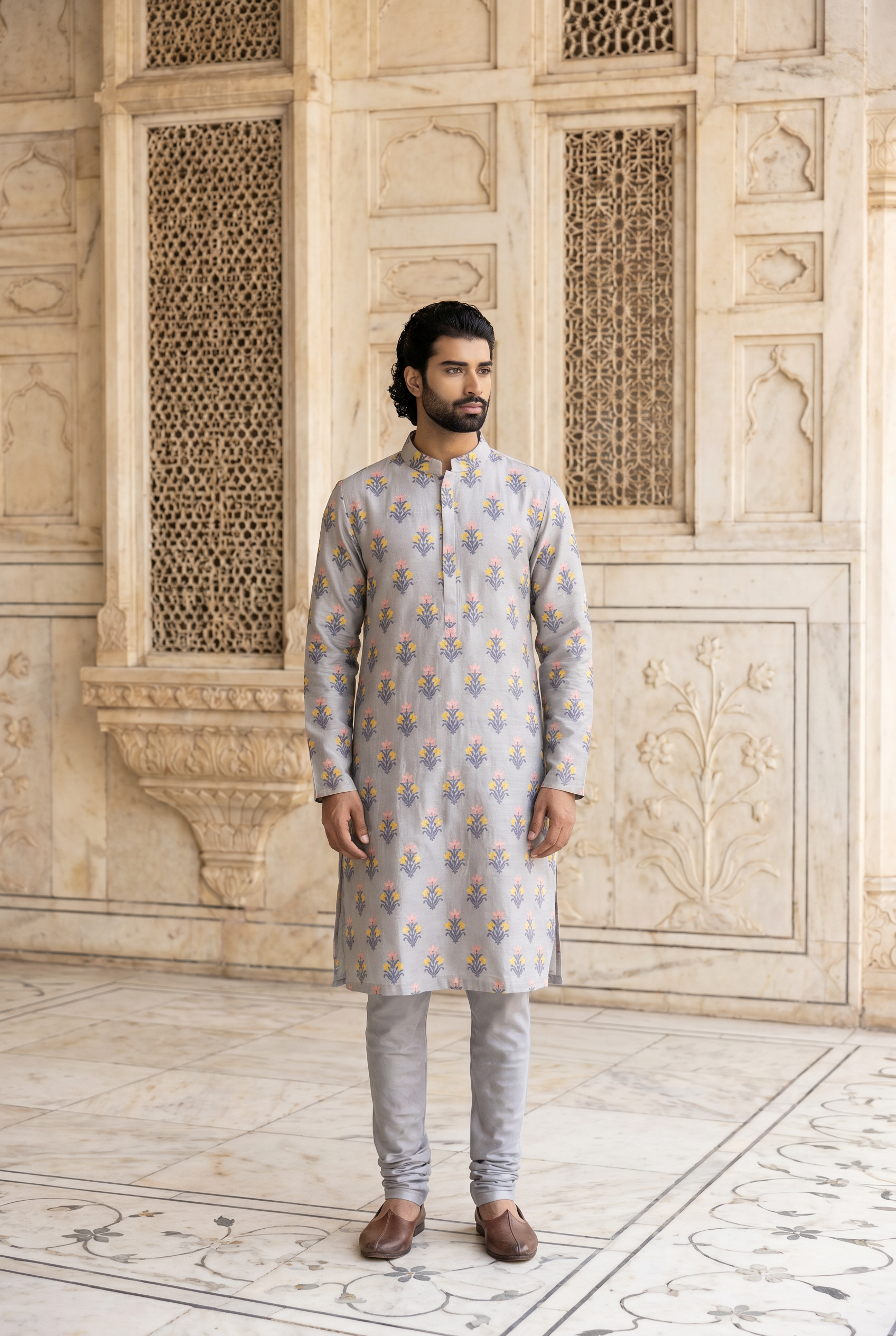 Grey Phulkari Embroidered Cotton Silk Kurta Set for Men | Ashar (Grey) by AVK