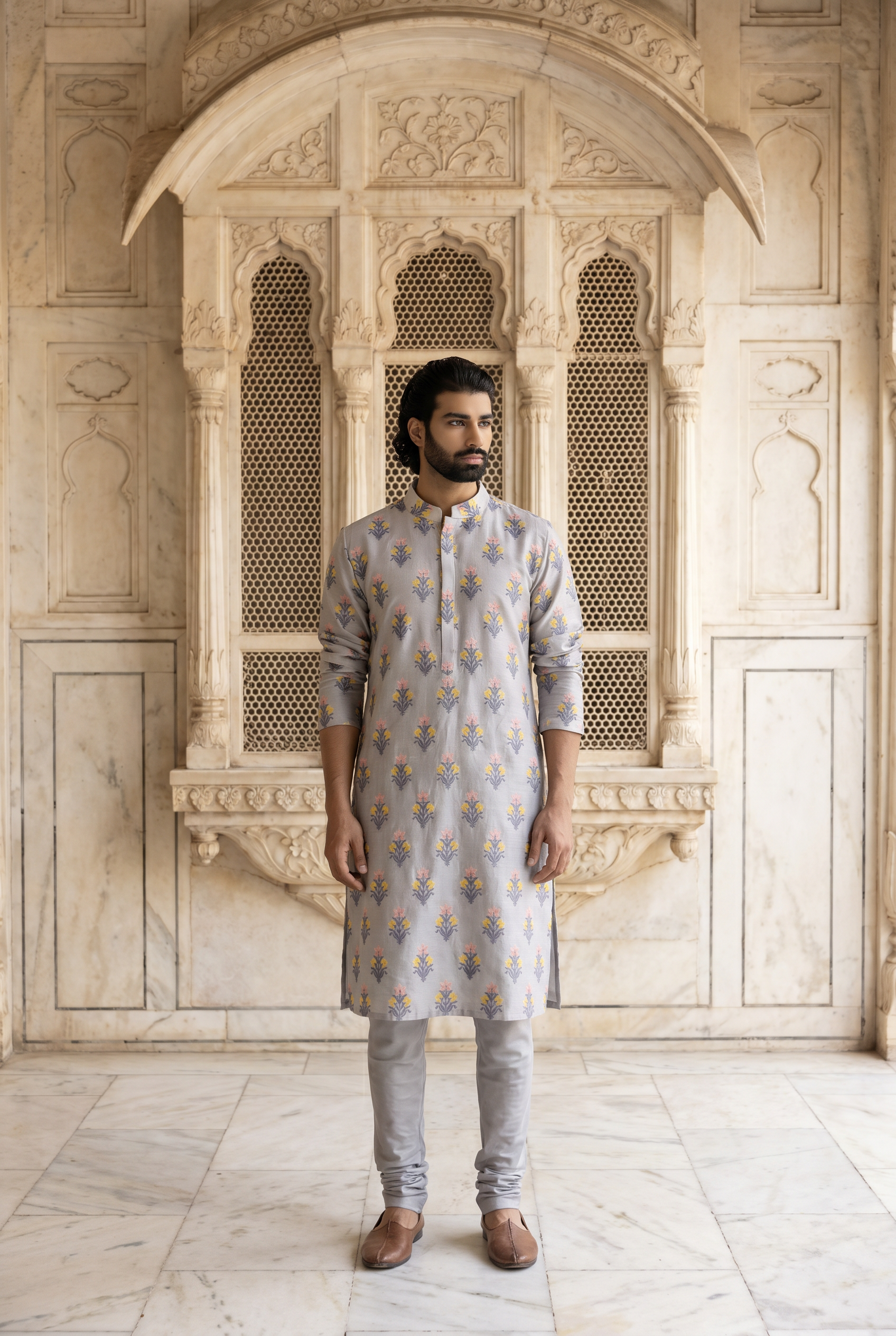 Grey Phulkari Embroidered Cotton Silk Kurta Set for Men | Ashar (Grey) by AVK