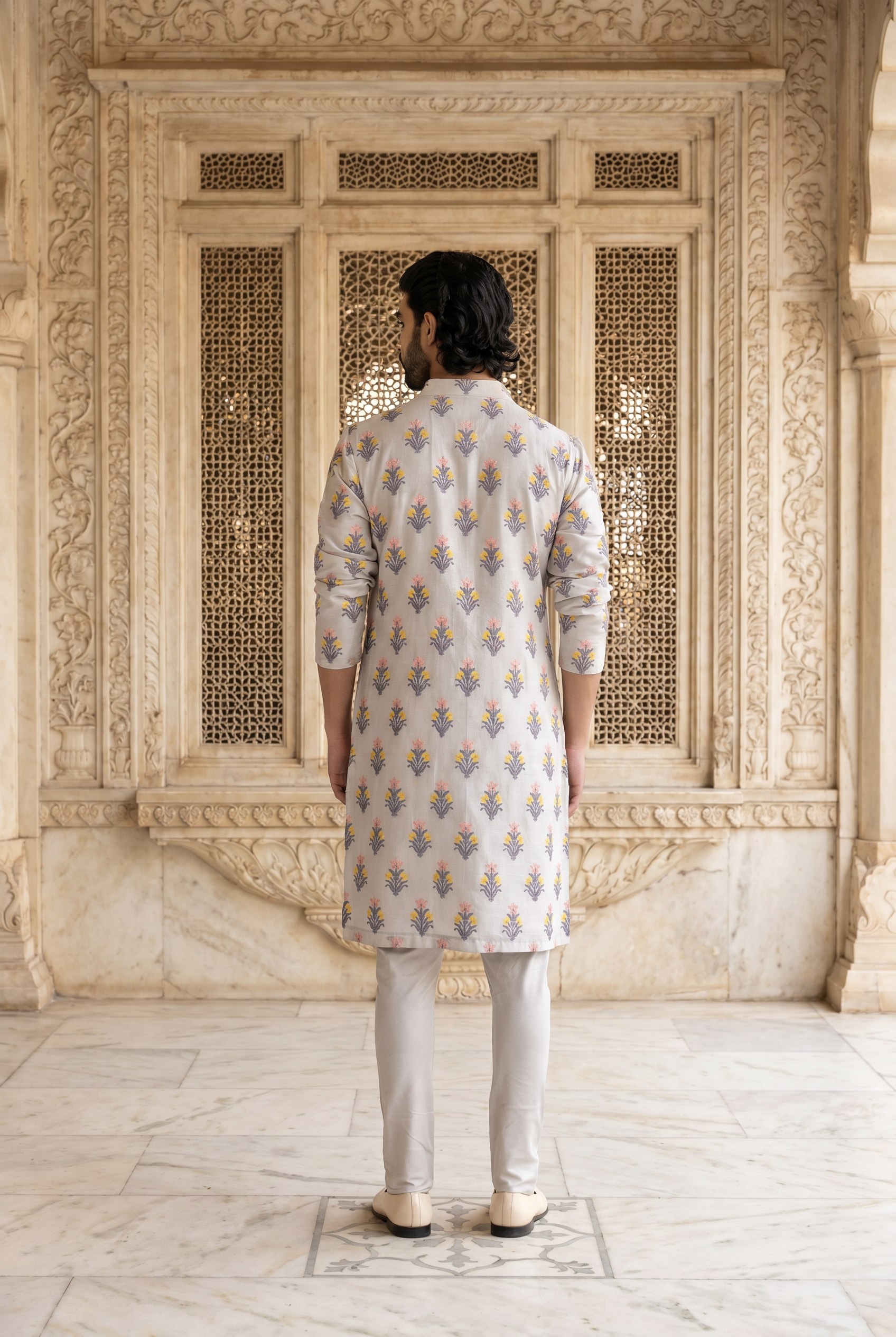 Grey Phulkari Embroidered Cotton Silk Kurta Set for Men | Ashar (Grey) by AVK