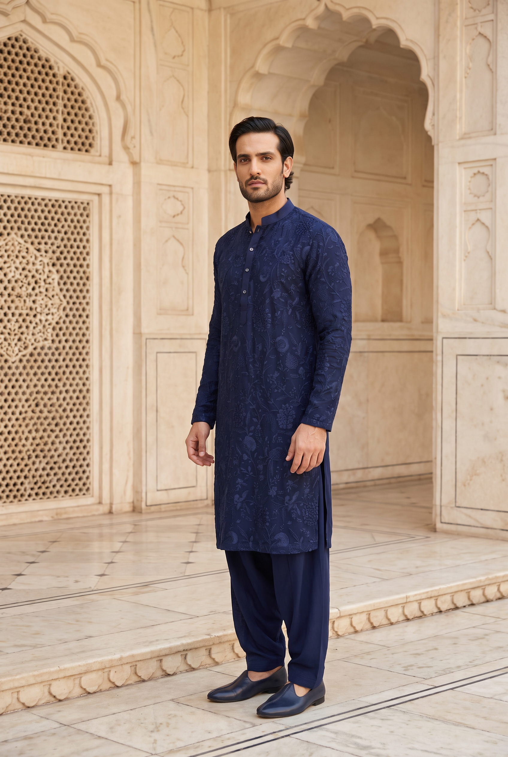 Navy blue bird embroidered georgette kurta set for men - Neelkanth kurta with matching salwar and stole by Ankit V Kapoor, ivory Mughal courtyard editorial