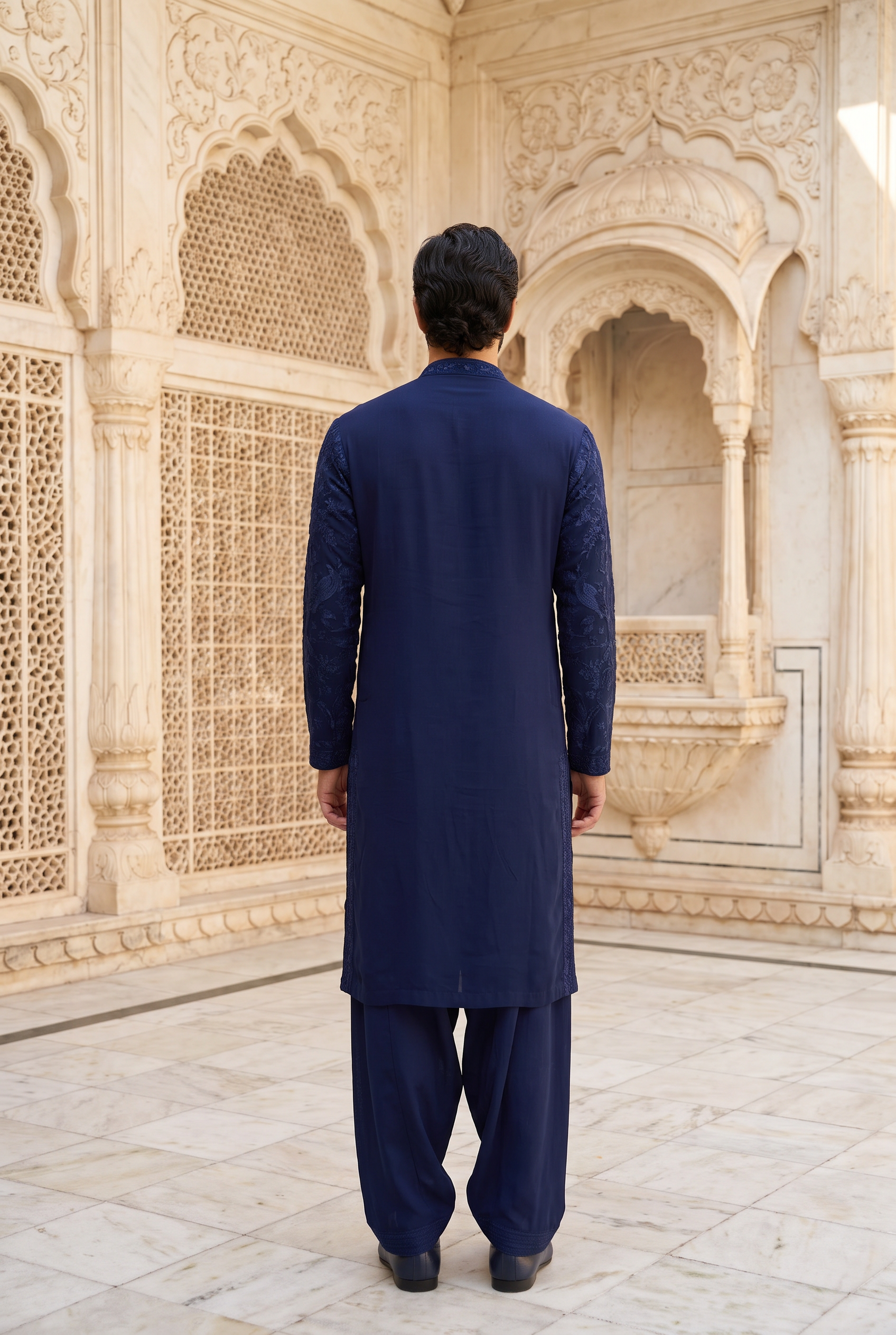 Men's navy blue georgette kurta with tone-on-tone bird and floral threadwork - Neelkanth designer kurta set for sangeet and cocktail by AVK