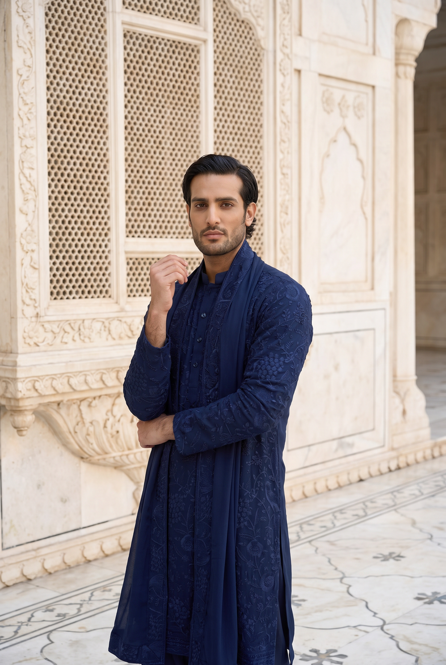 Navy Blue Bird Embroidered Georgette Kurta Set for Men | Neelkanth by AVK