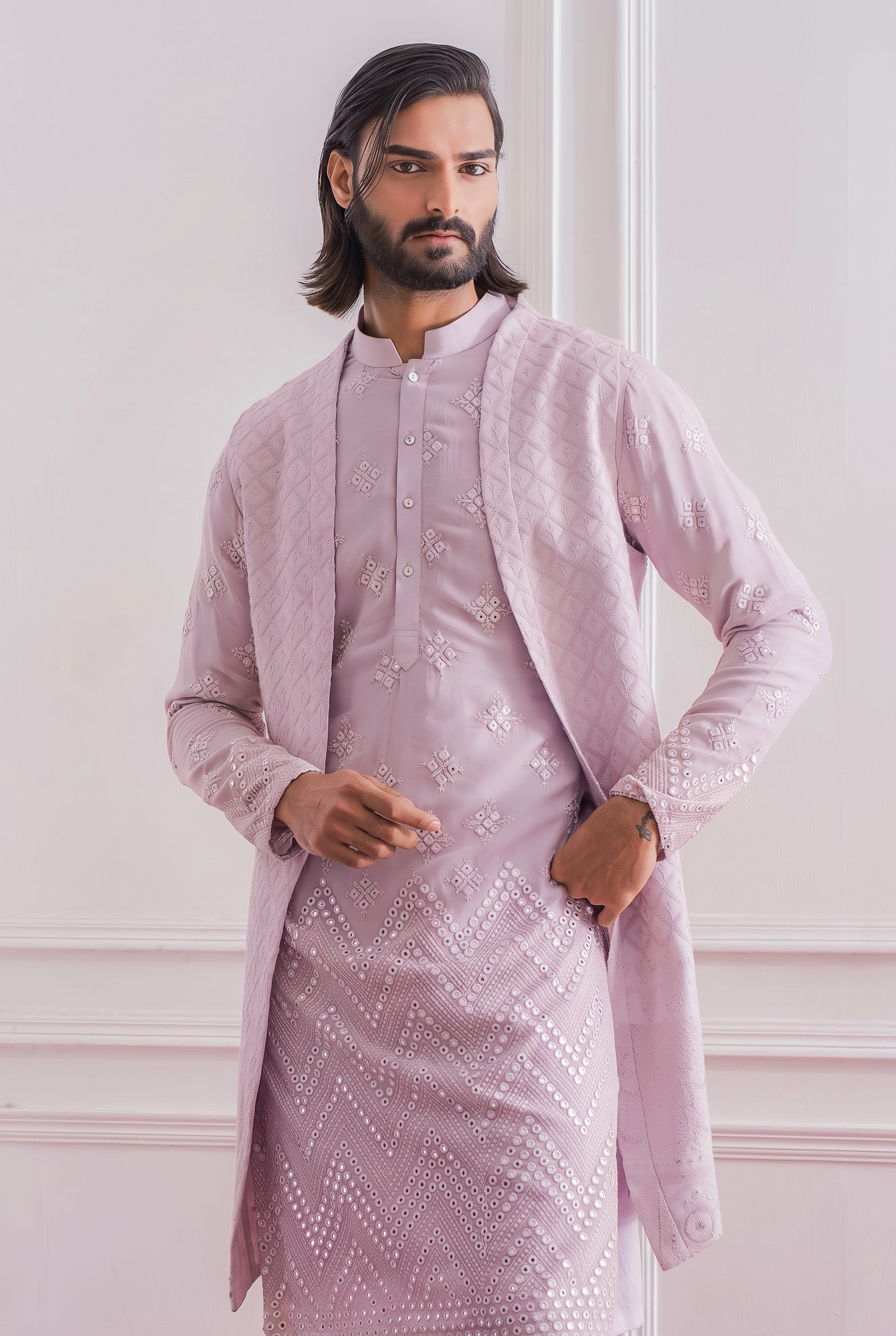 Lilac Bandi Kurta for Men for Wedding - Bahawalpur Bandi Set
