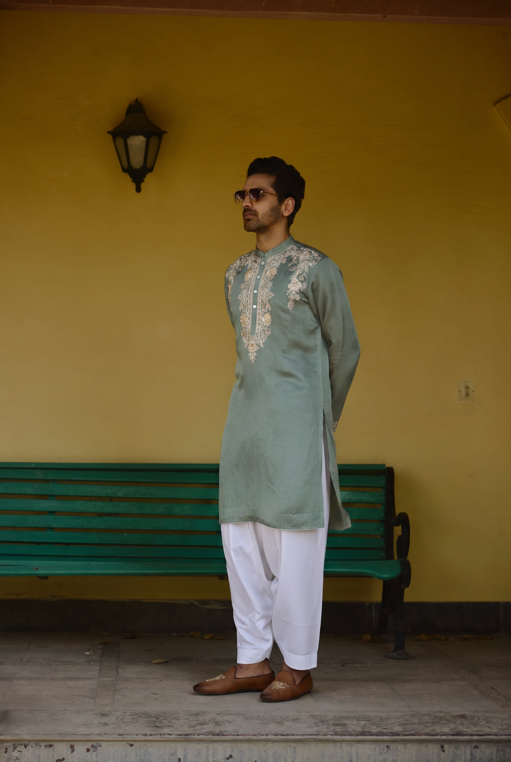 Muted sage green mens kurta with off-white salwar - luxury Indian groom and groomsmen wear for day weddings and sangeet