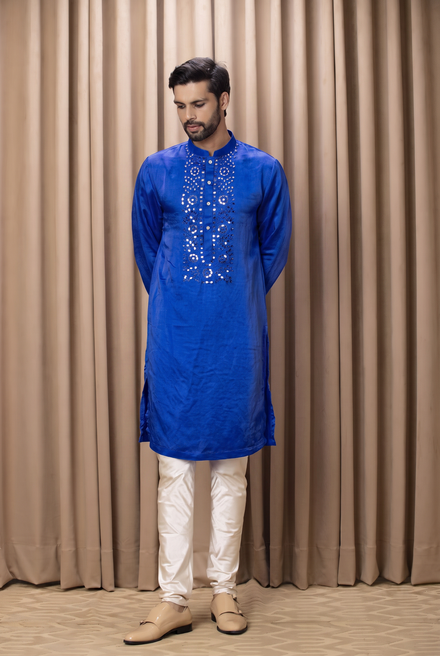 Cobalt Blue Mirror Work Linen Silk Kurta Set for Men | Kian by AVK