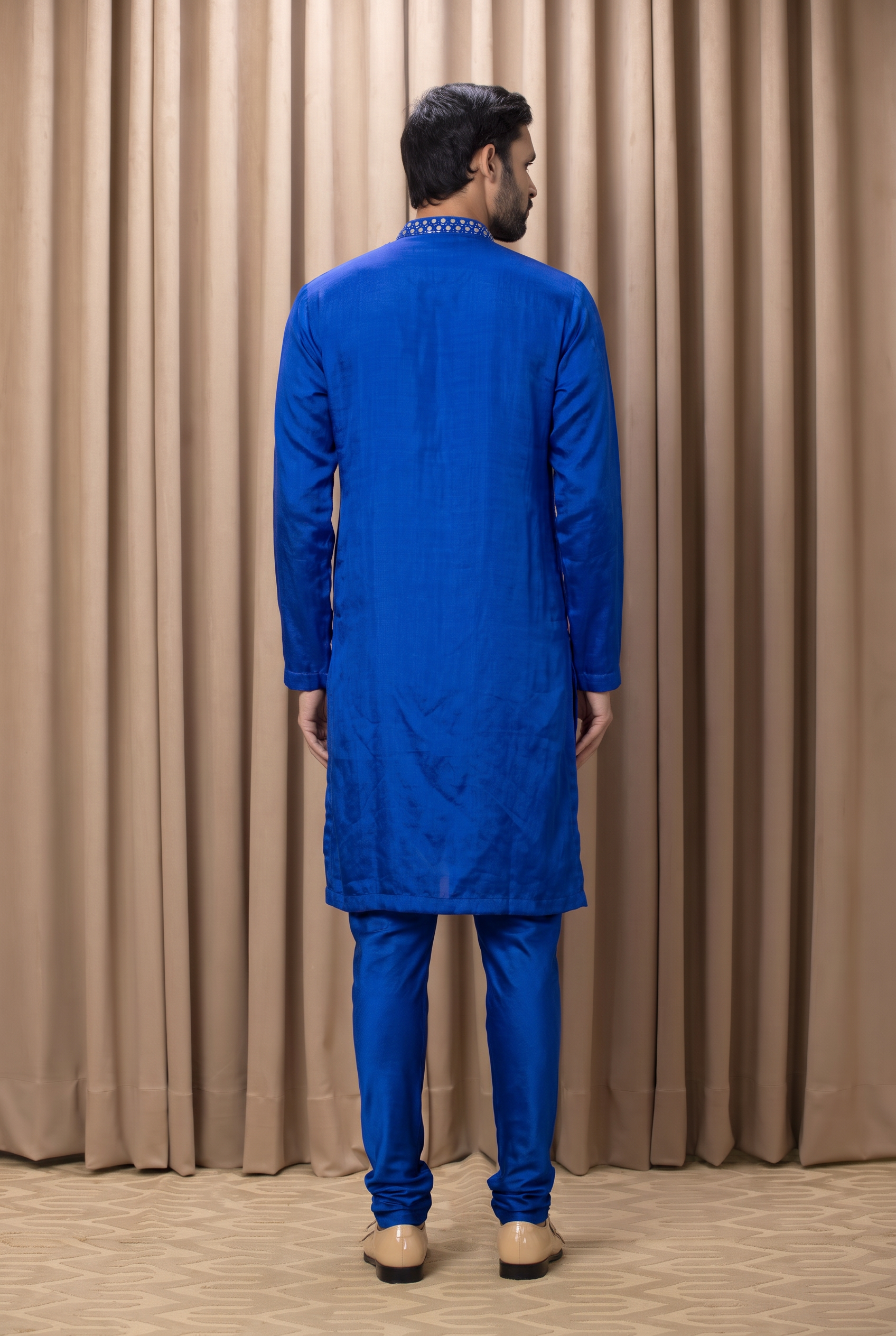Kian cobalt blue kurta detail view - neckline mirror work and machine embroidery by AVK atelier New Delhi
