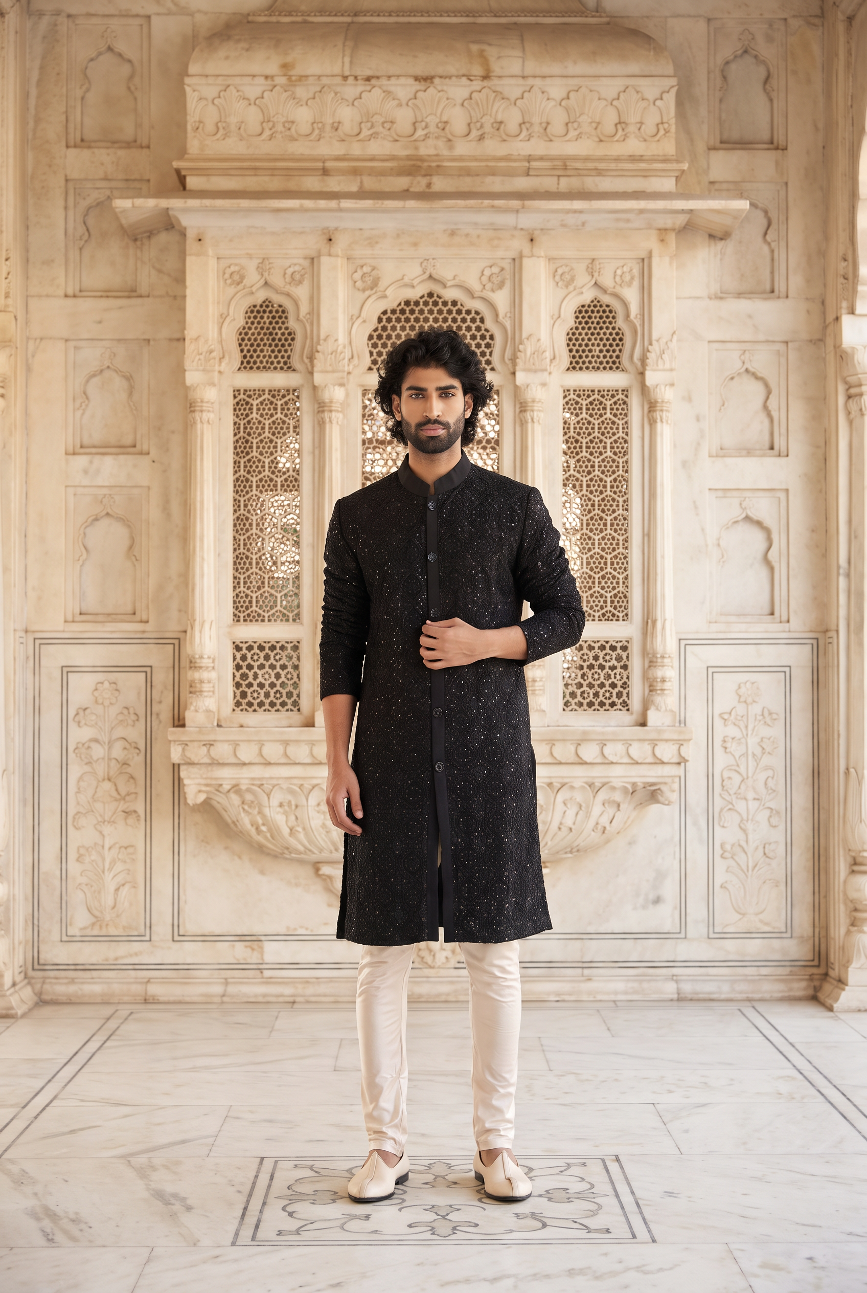 Black Thread Embroidered Cotton Silk Kurta Set for Men | Umair (Black) by AVK