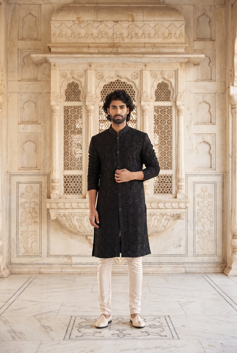 Black Thread Embroidered Cotton Silk Kurta Set for Men | Umair (Black) by AVK
