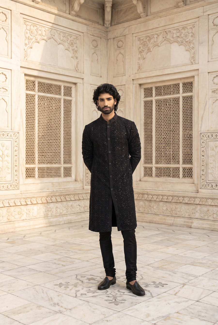 Black Thread Embroidered Cotton Silk Kurta Set for Men | Umair (Black) by AVK
