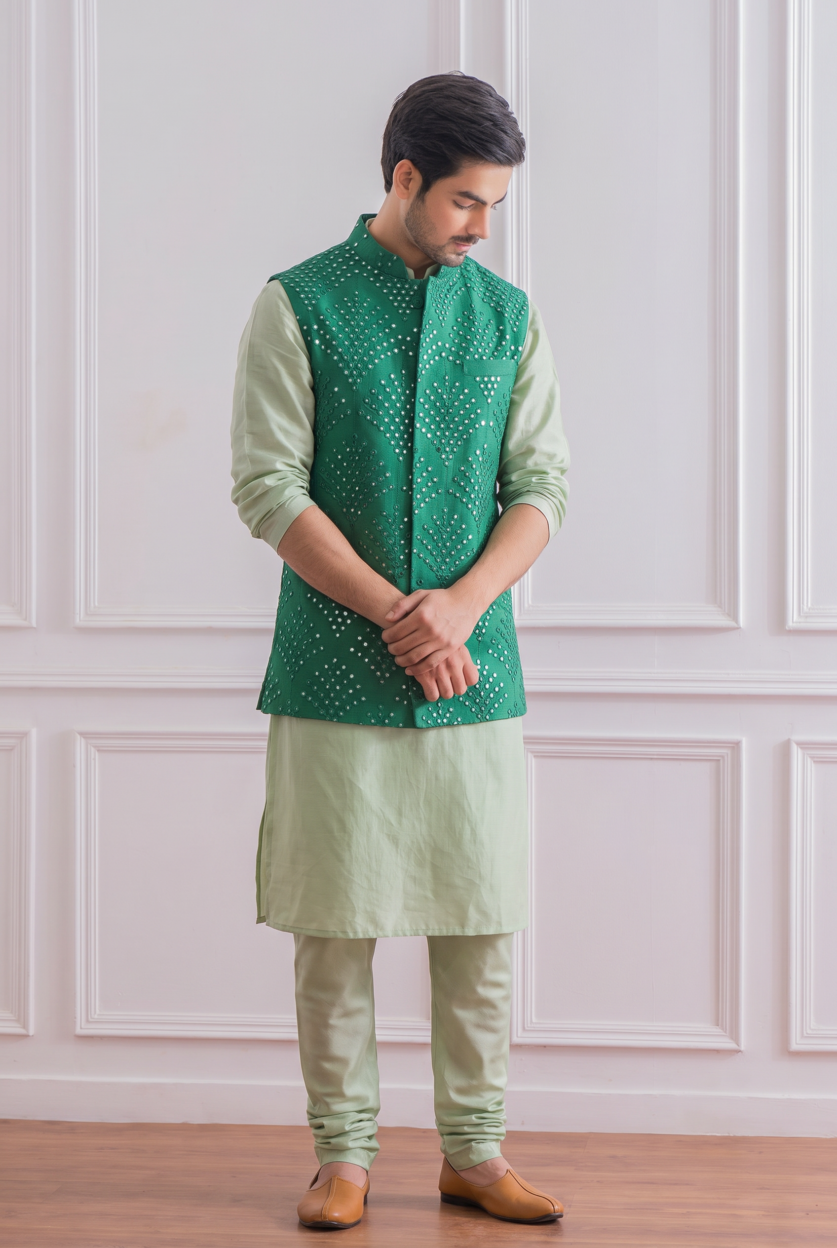 Emerald Green Bandi Set for Men by Ankit V Kapoor - Mirpur Bandi Set