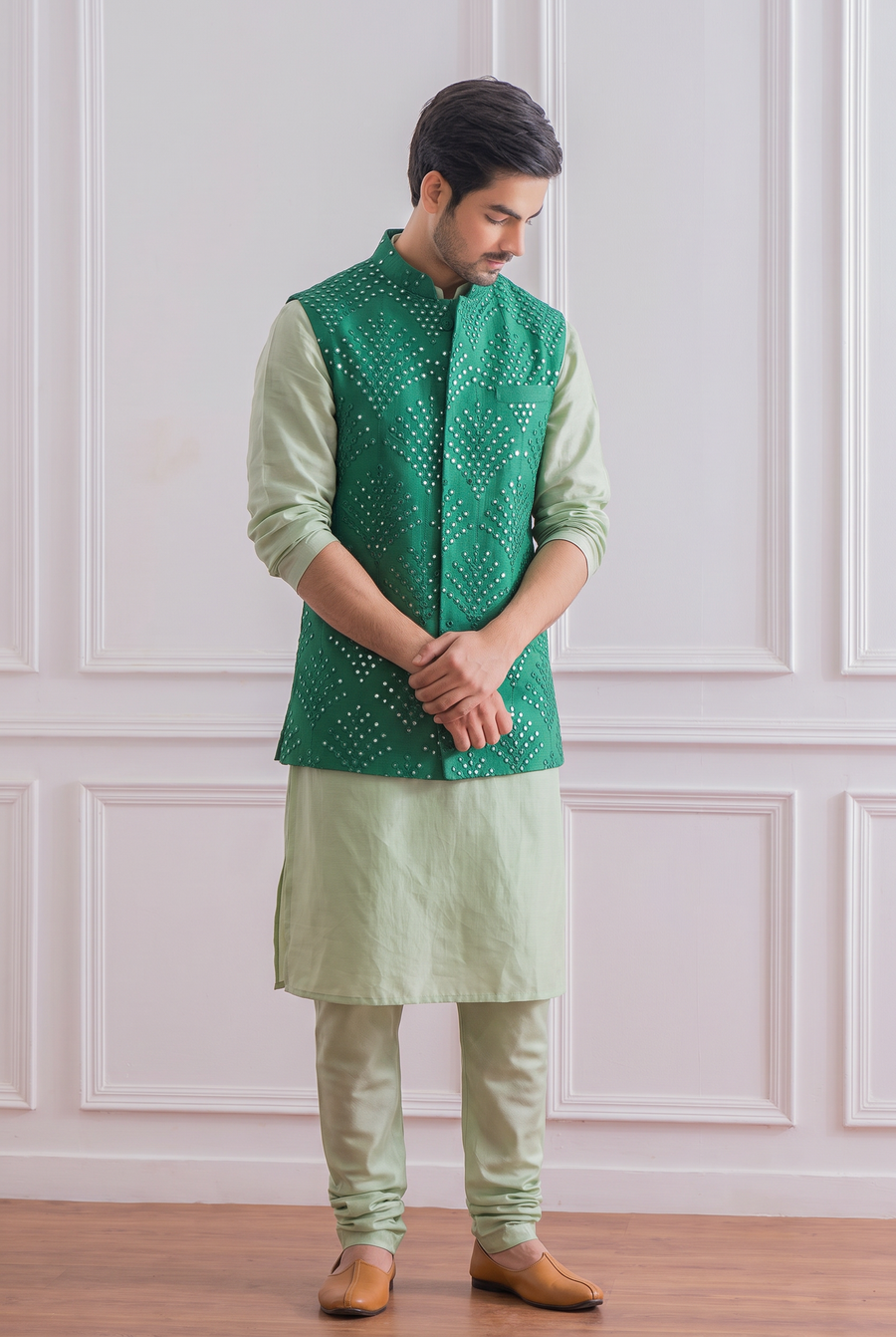 Emerald Green Bandi Set for Men by Ankit V Kapoor - Mirpur Bandi Set