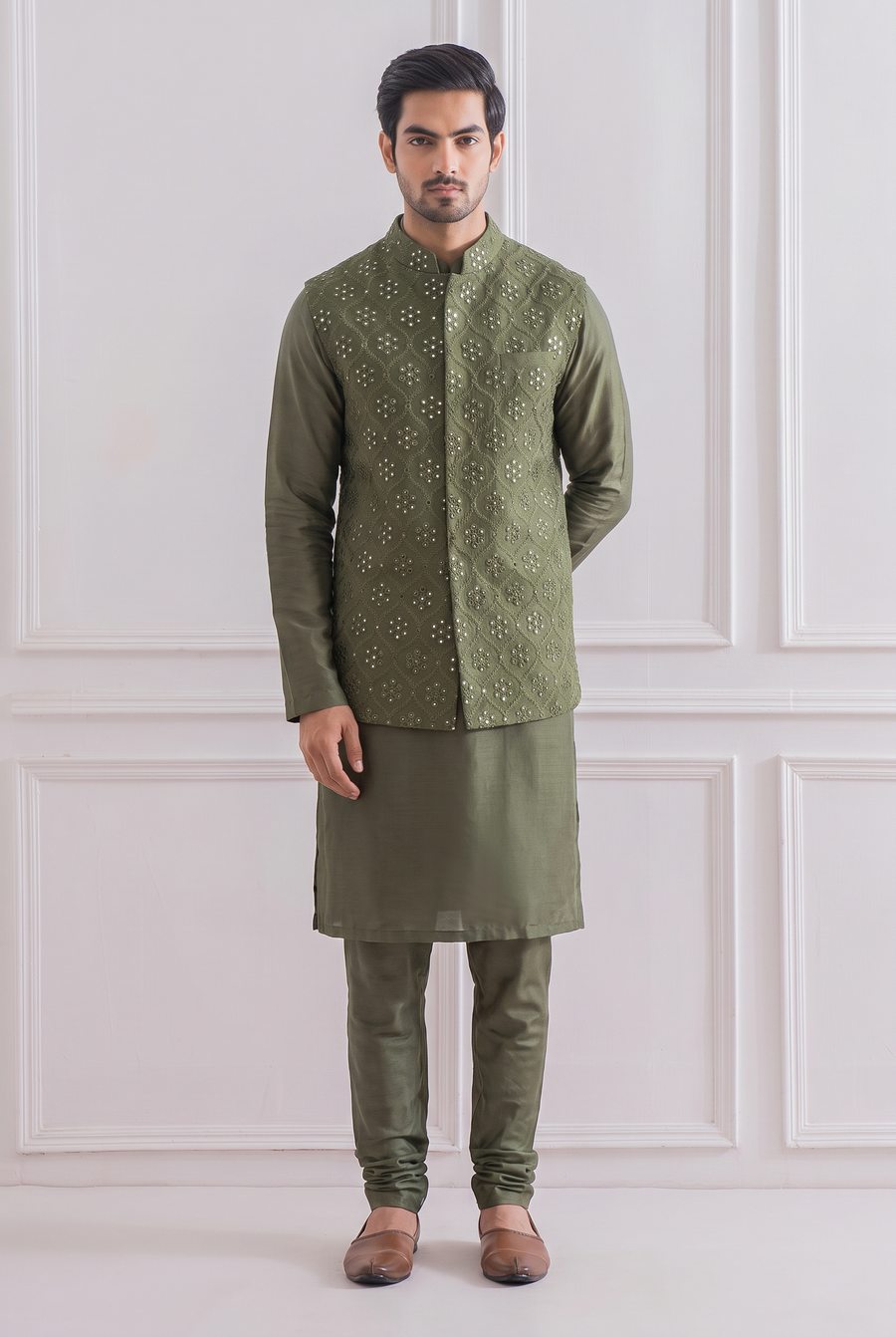Military Green Bandi Set for Men by Ankit V Kapoor - Hasilpur Bandi Set
