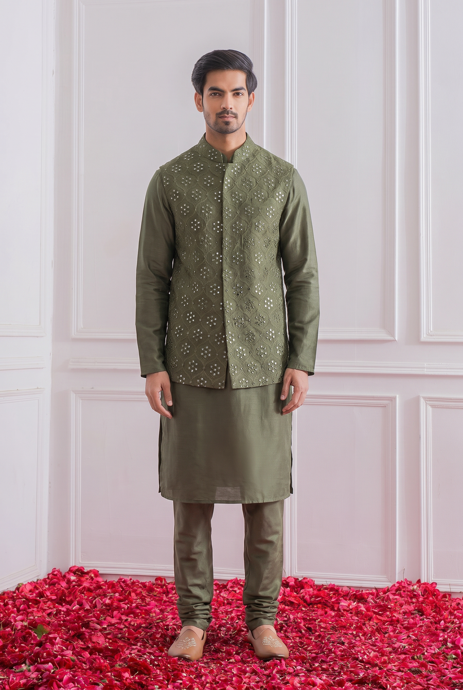 Military Green Bandi Set for Men by Ankit V Kapoor - Hasilpur Bandi Set