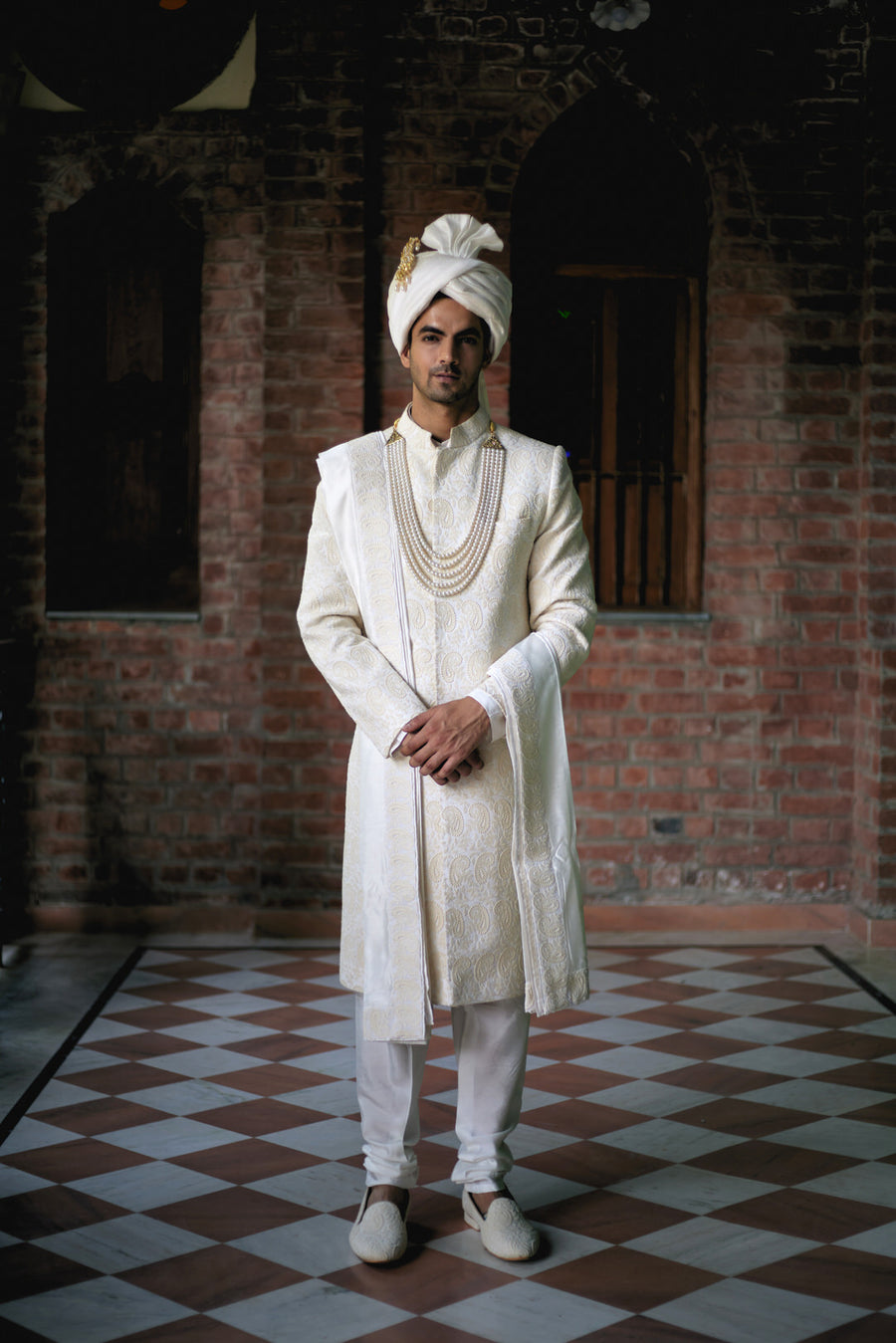 Ivory Machine-Embroidered Sherwani Set for Wedding | Faizan by AVK