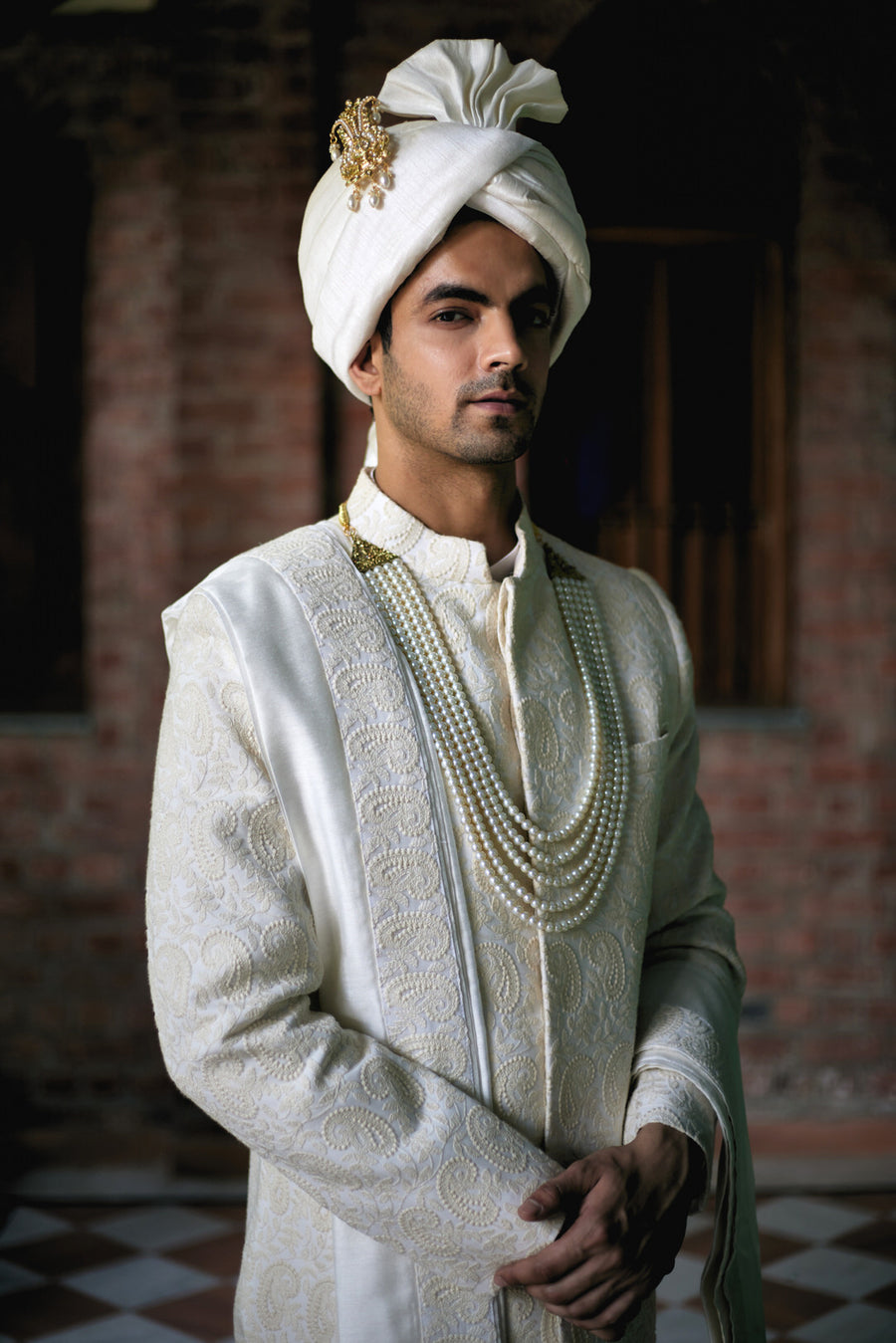 Ivory Machine-Embroidered Sherwani Set for Wedding | Faizan by AVK