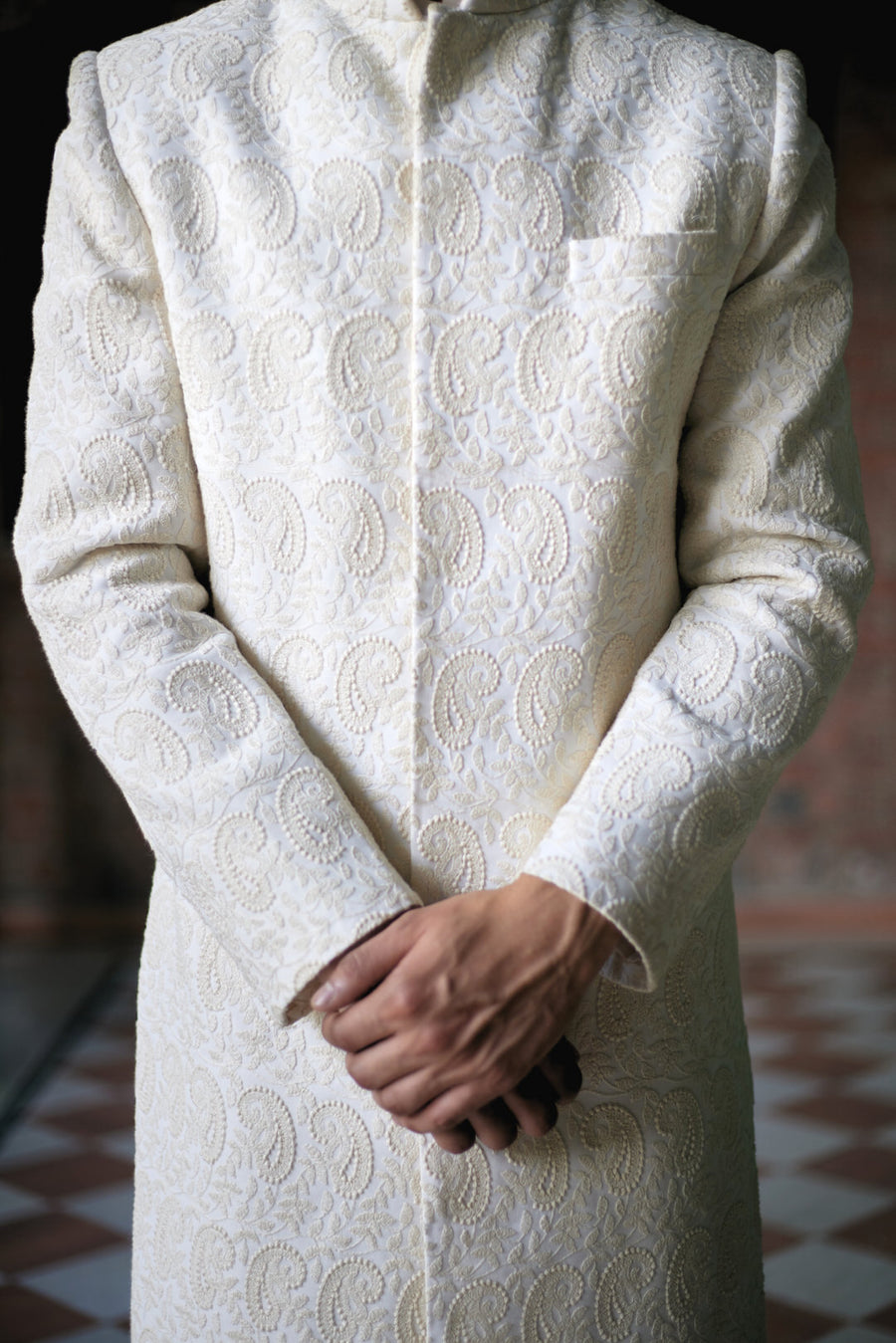 Ivory Machine-Embroidered Sherwani Set for Wedding | Faizan by AVK