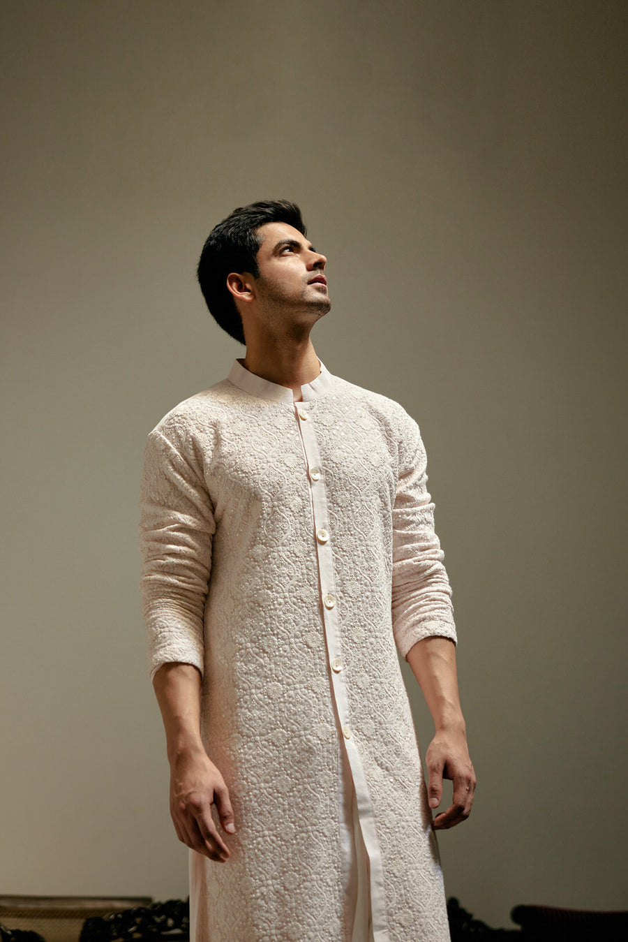 Powder Pink Thread Embroidered Cotton Silk Kurta Set for Men | Umair by AVK