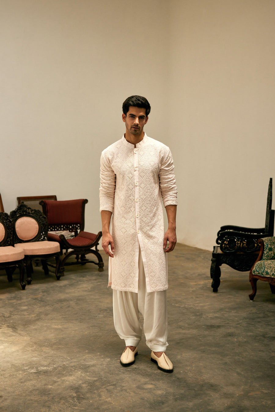 Powder Pink Thread Embroidered Cotton Silk Kurta Set for Men | Umair by AVK