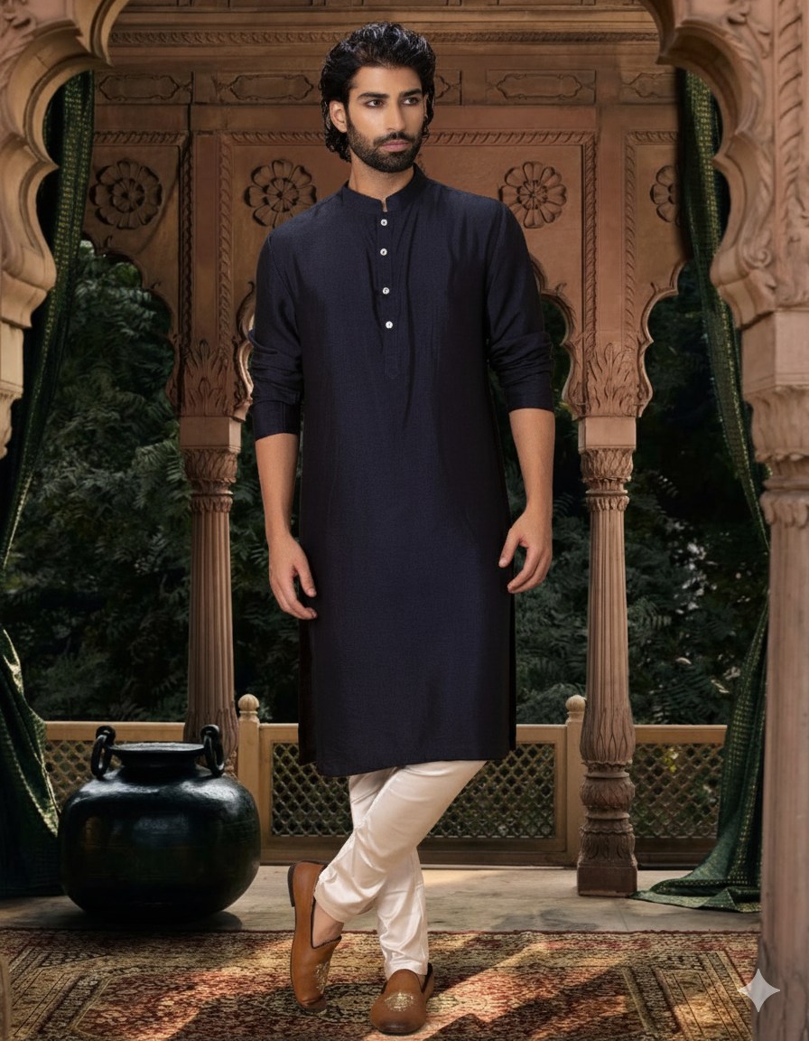 Classic Navy Blue Bamberg Linen Silk Kurta Set for Men | AVK Essentials