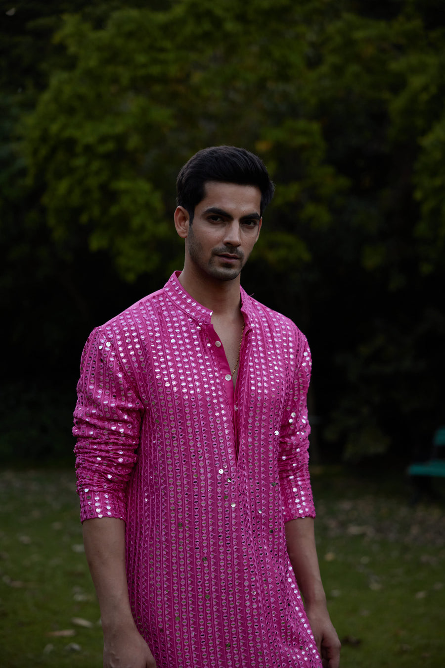Hot Pink Mirror Work Embroidered Kurta Set for Men | Yasir (Hot Pink) by AVK