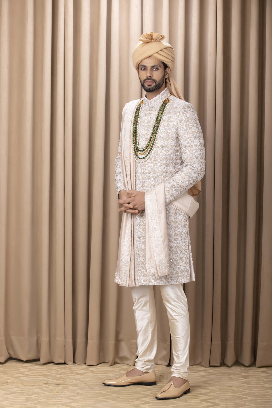 Beige & Ivory Hand-Embroidered Sherwani Set for Wedding | Imran by AVK