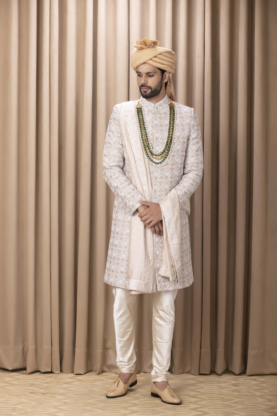 Beige & Ivory Hand-Embroidered Sherwani Set for Wedding | Imran by AVK