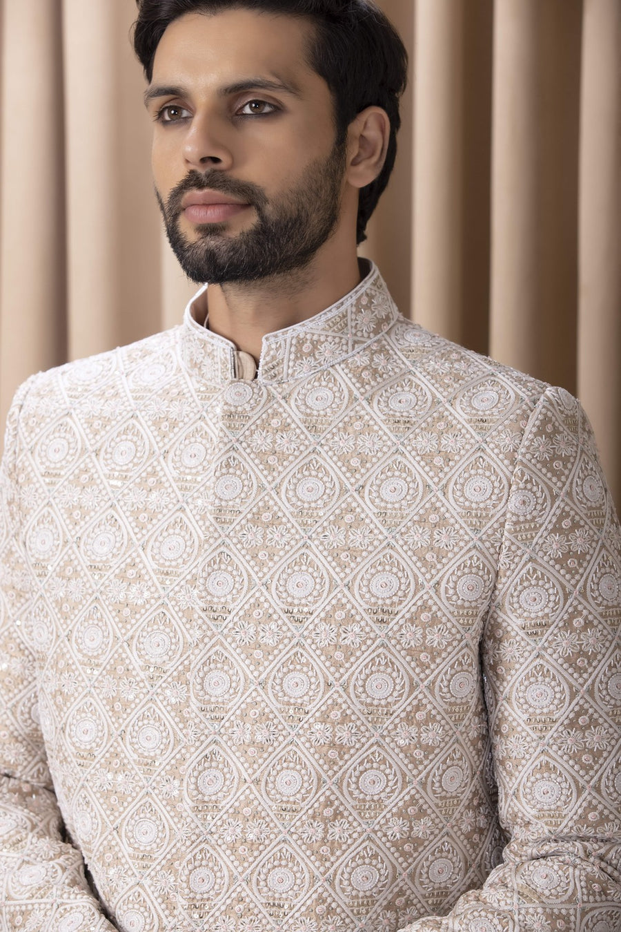Beige & Ivory Hand-Embroidered Sherwani Set for Wedding | Imran by AVK