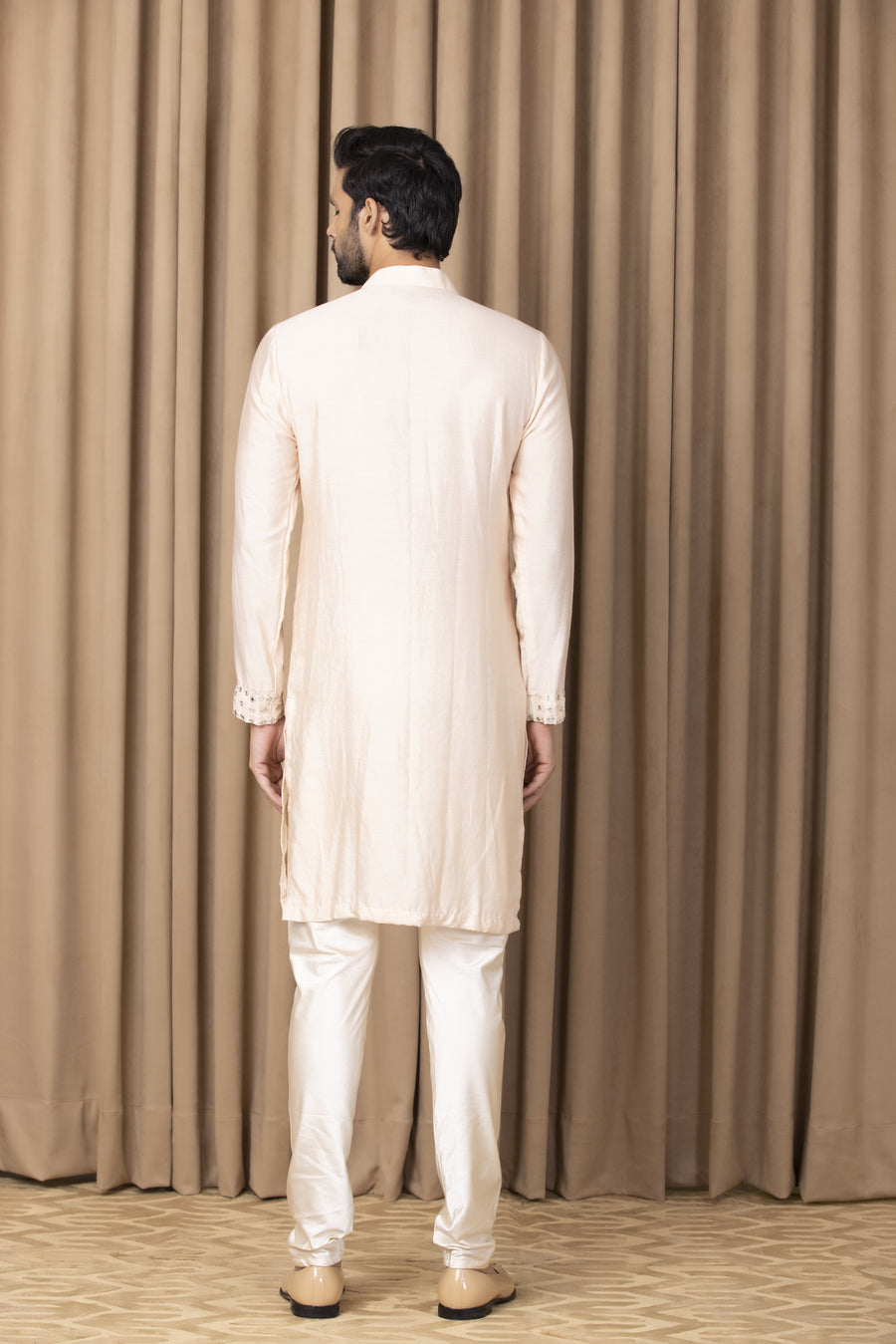 Peach Mirror Work Cotton Silk Kurta Set for Men | Sajid by AVK