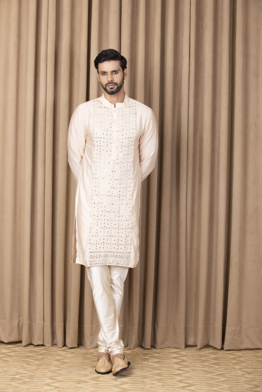 Peach Mirror Work Cotton Silk Kurta Set for Men | Sajid by AVK