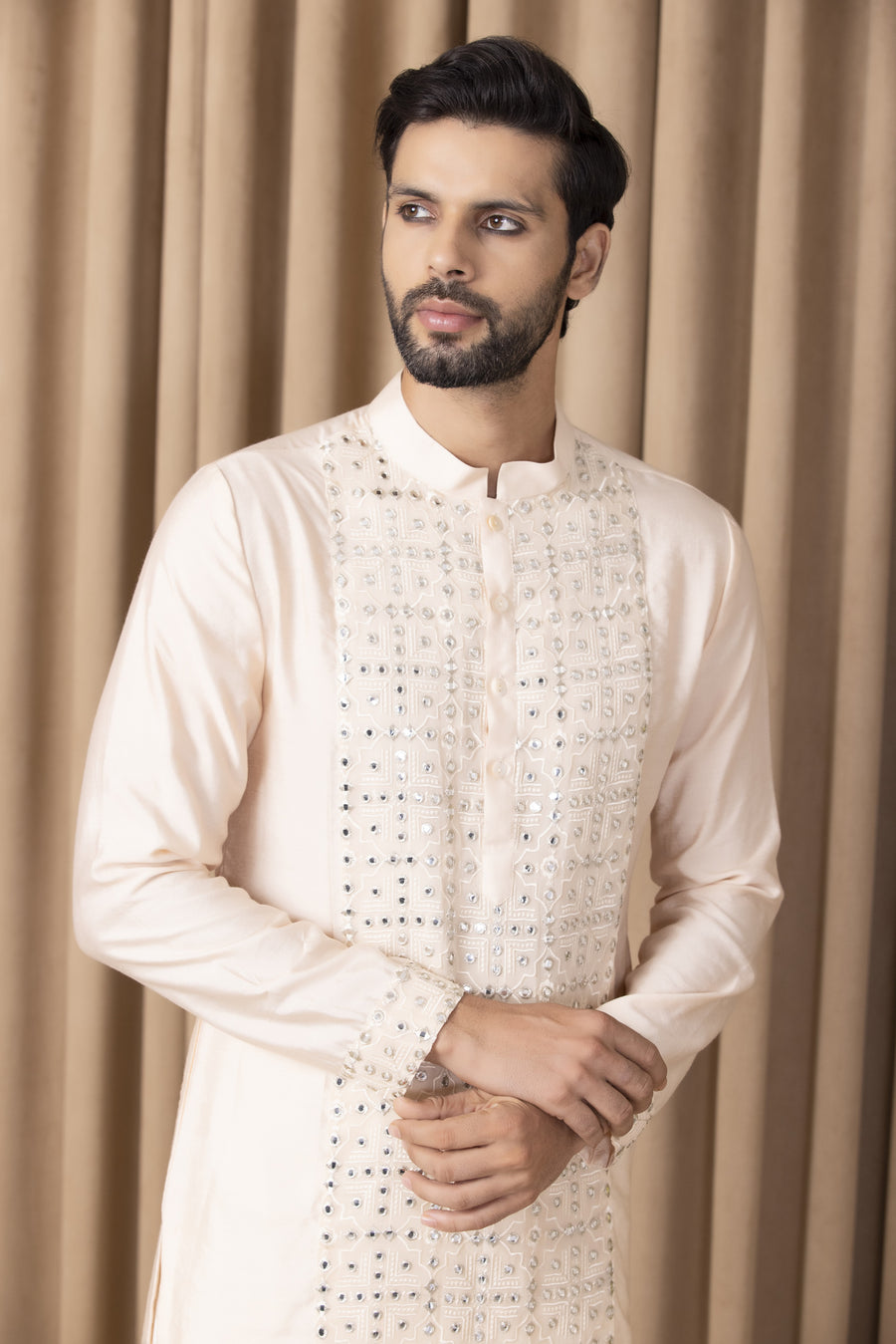 Peach Mirror Work Cotton Silk Kurta Set for Men | Sajid by AVK