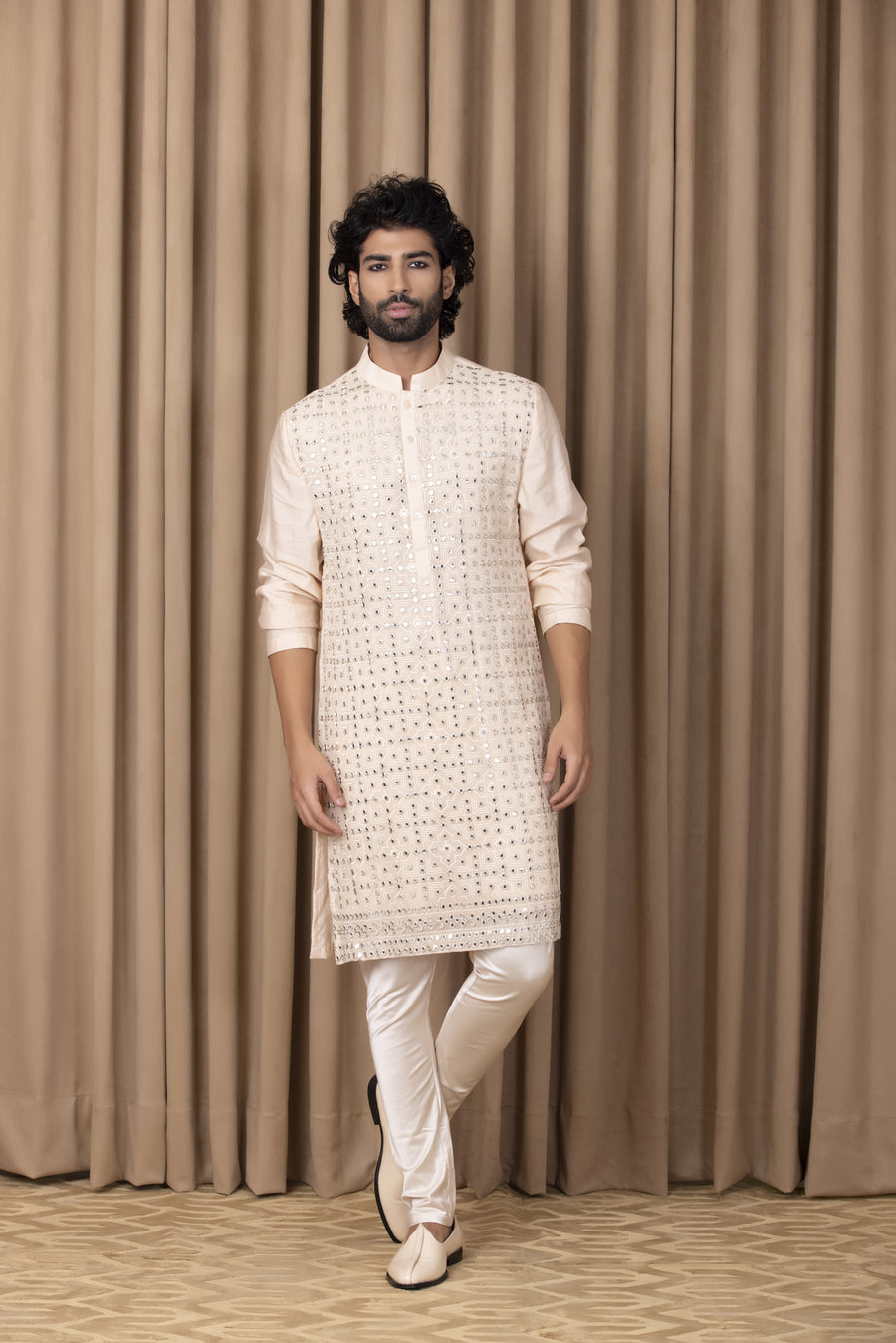 Dusty Rose Mirror Work Cotton Silk Kurta Set for Men | Sajid by AVK