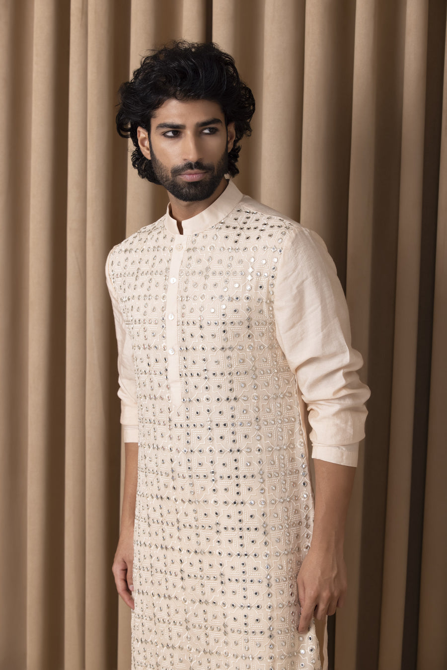 Dusty Rose Mirror Work Cotton Silk Kurta Set for Men | Sajid by AVK