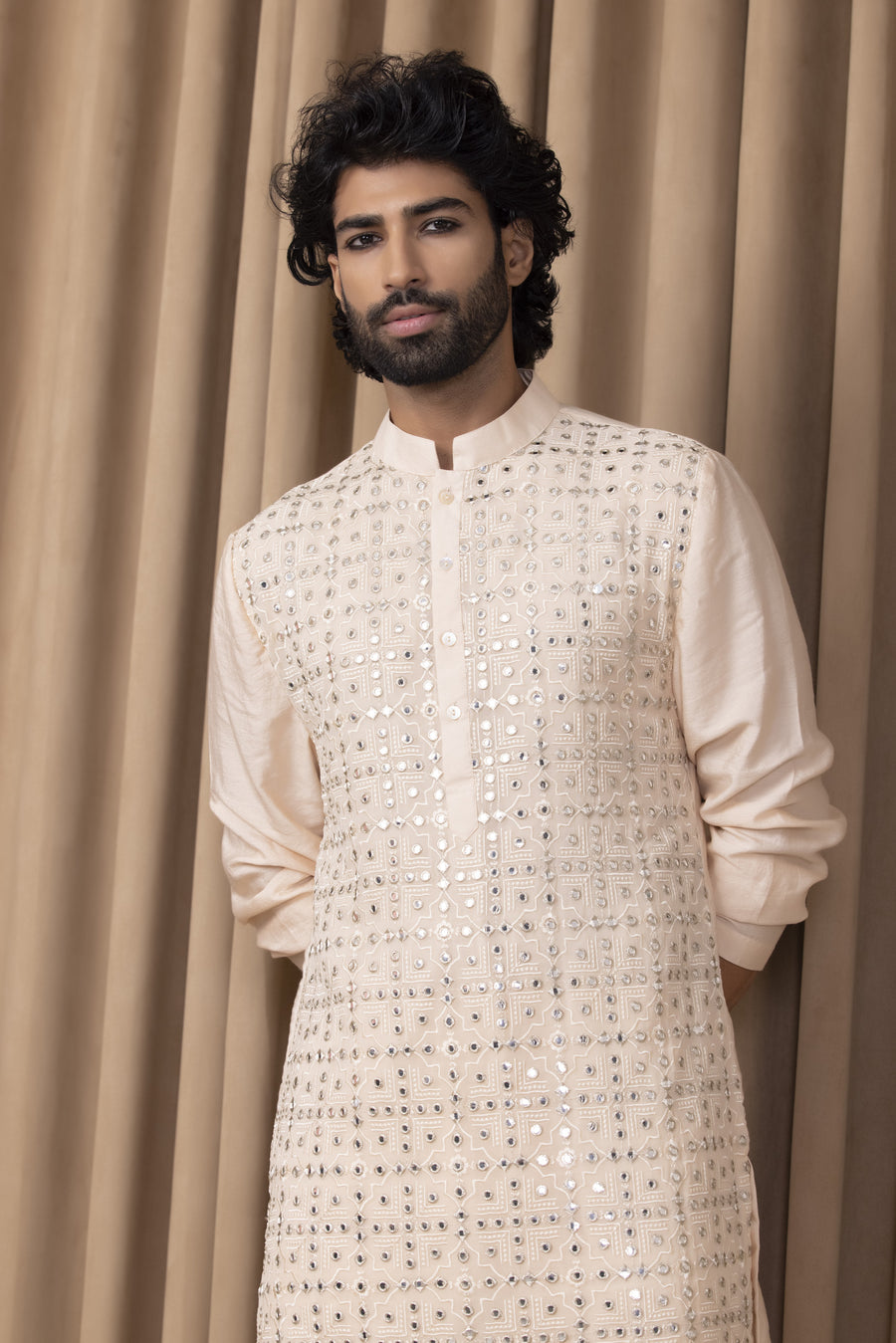 Dusty Rose Mirror Work Cotton Silk Kurta Set for Men | Sajid by AVK