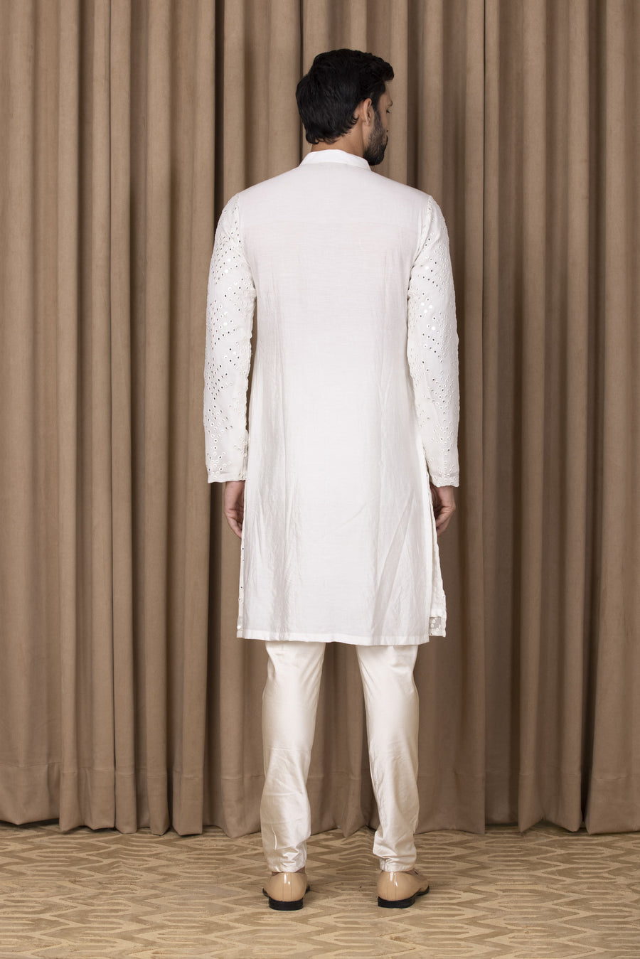 Ivory Mirror Work Embroidered Kurta Set for Men | Rashid (Ivory) by AVK