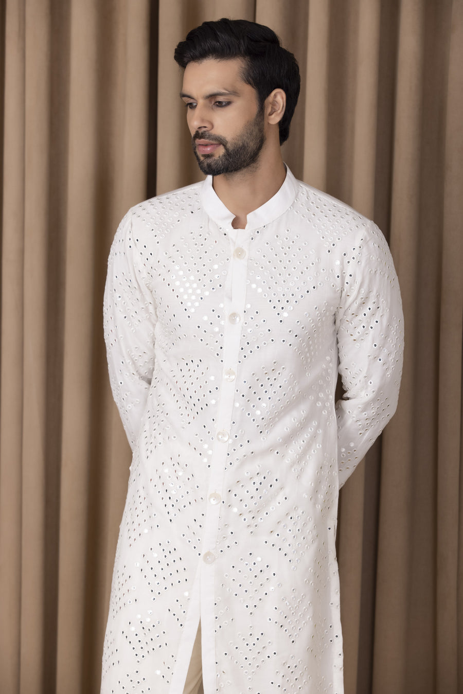 Ivory Mirror Work Embroidered Kurta Set for Men | Rashid (Ivory) by AVK