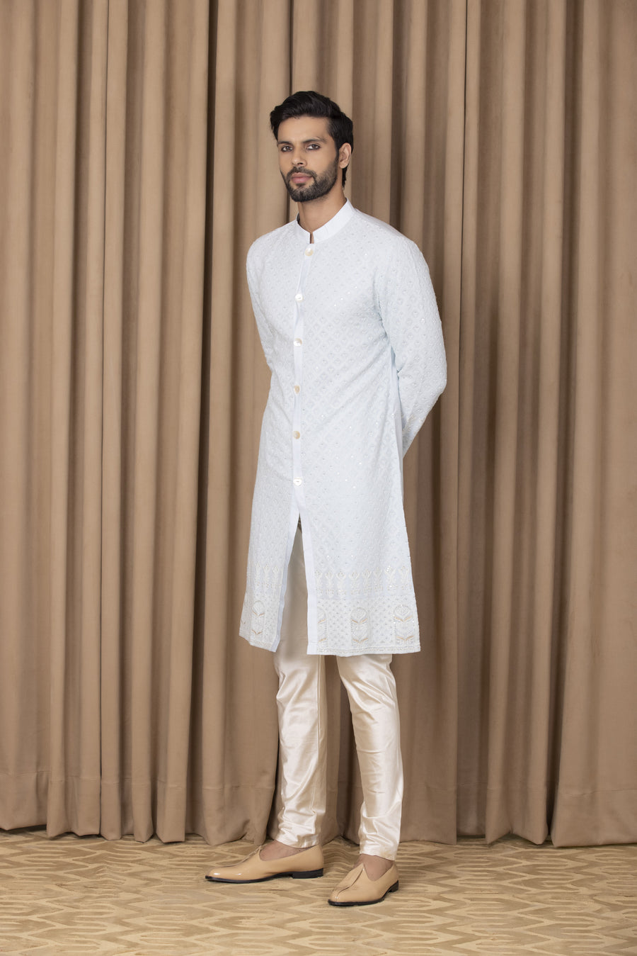 Powder Blue Thread Embroidered Cotton Silk Kurta Set for Men | Arif by AVK