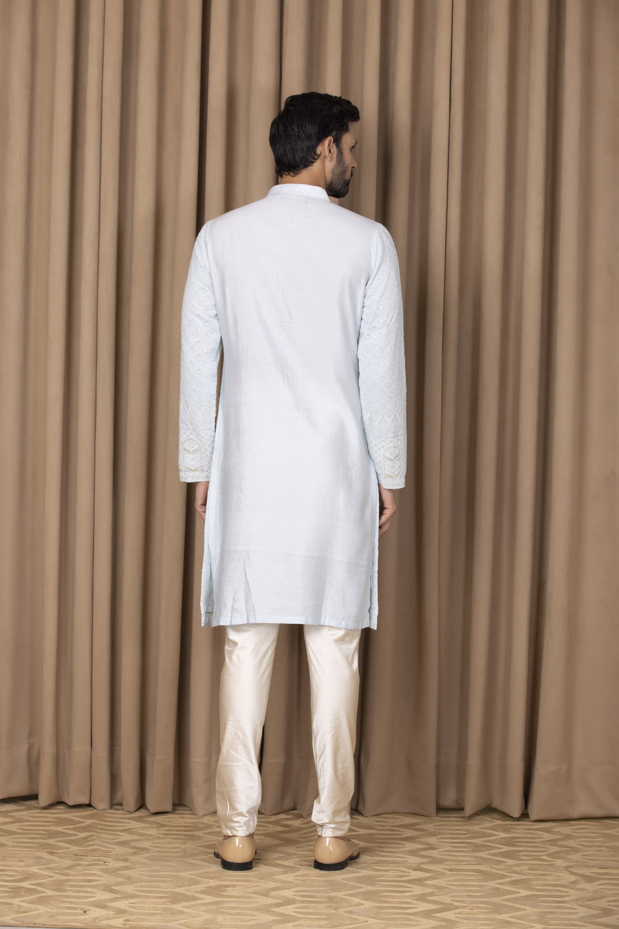 Powder Blue Thread Embroidered Cotton Silk Kurta Set for Men | Arif by AVK